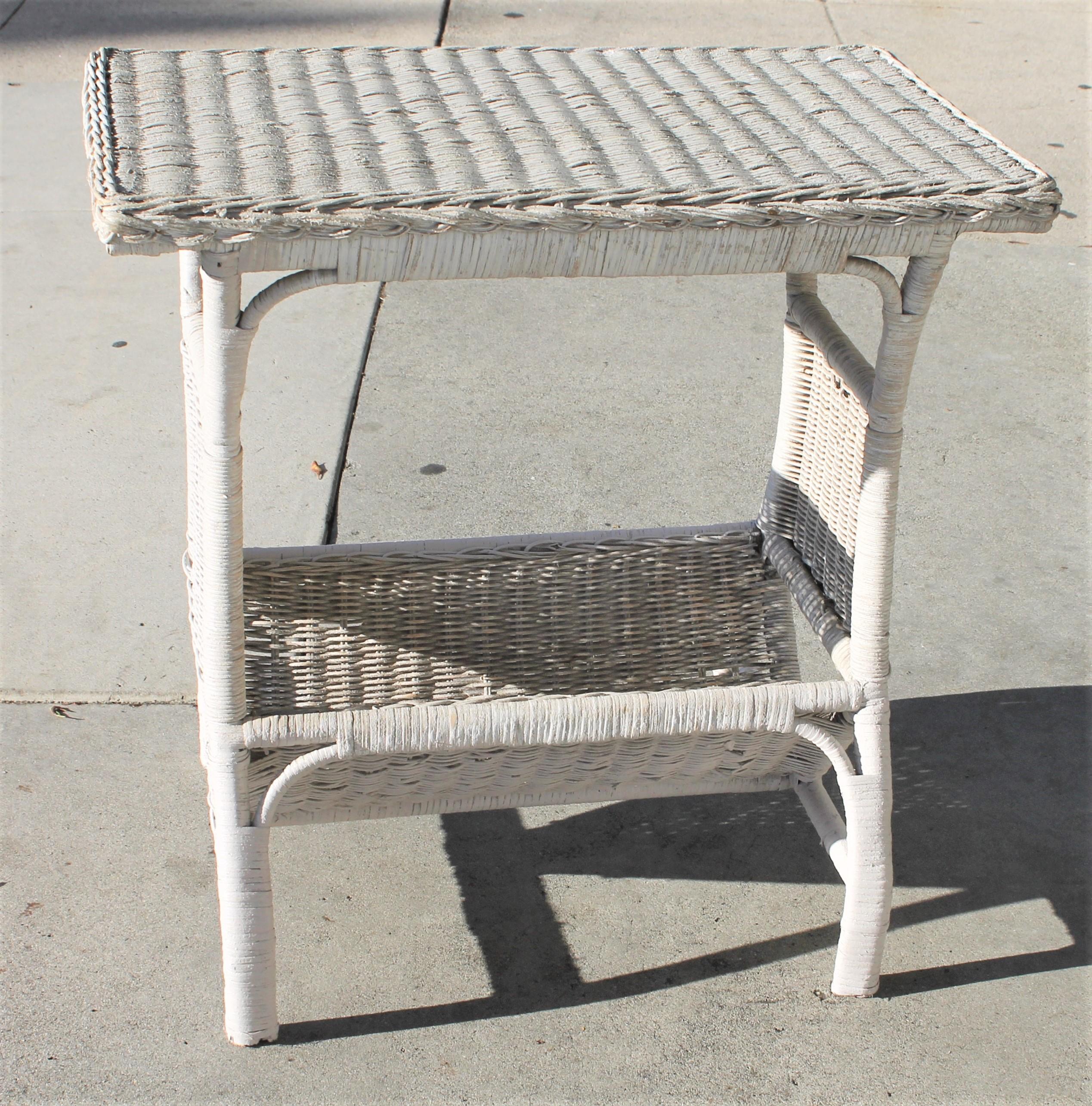Adirondack Wicker Side Table in Original White Painted Surface