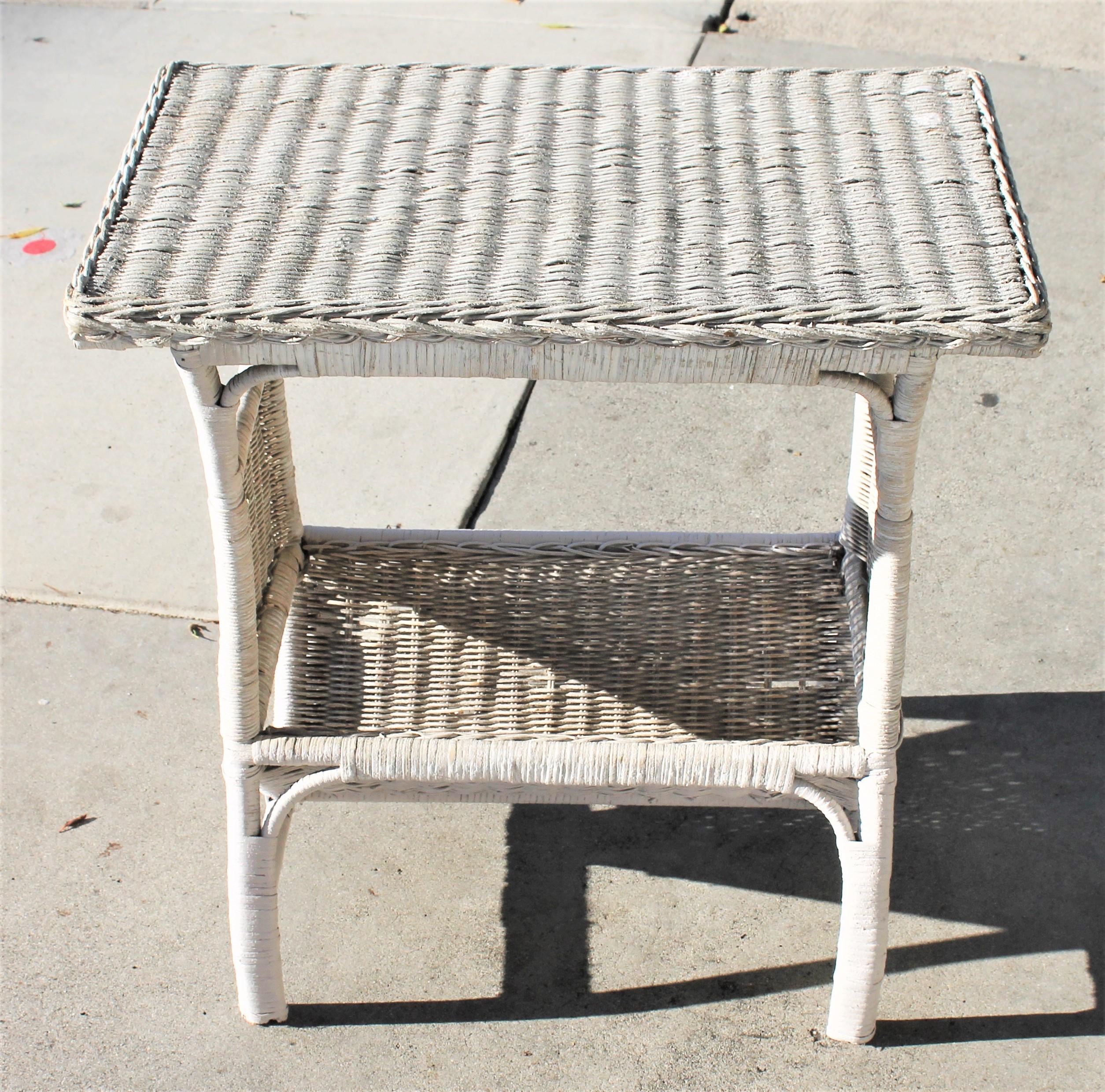 American Wicker Side Table in Original White Painted Surface