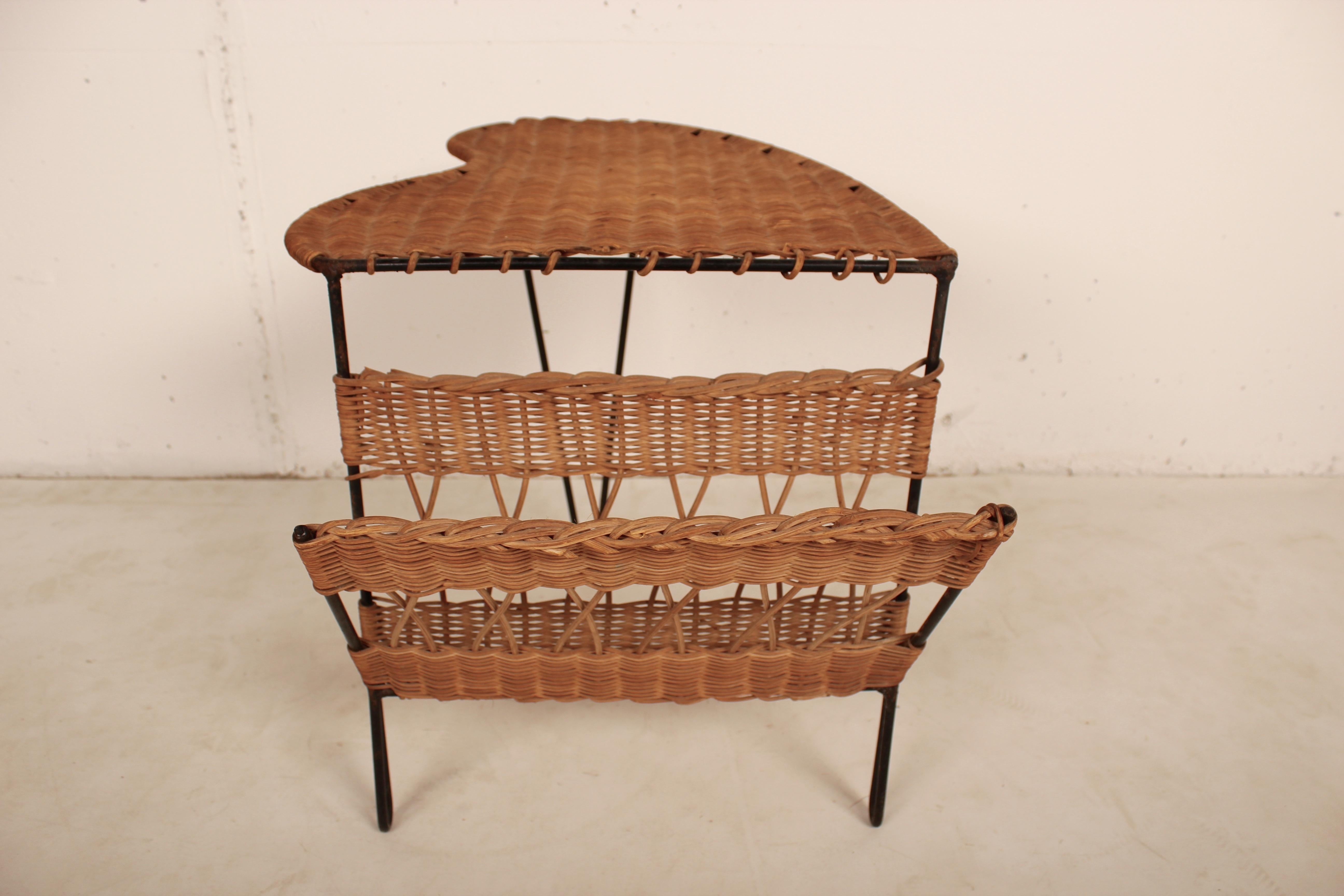 Wicker Side Table with Magazine Holder by Raoul Guys, France, 1950 4