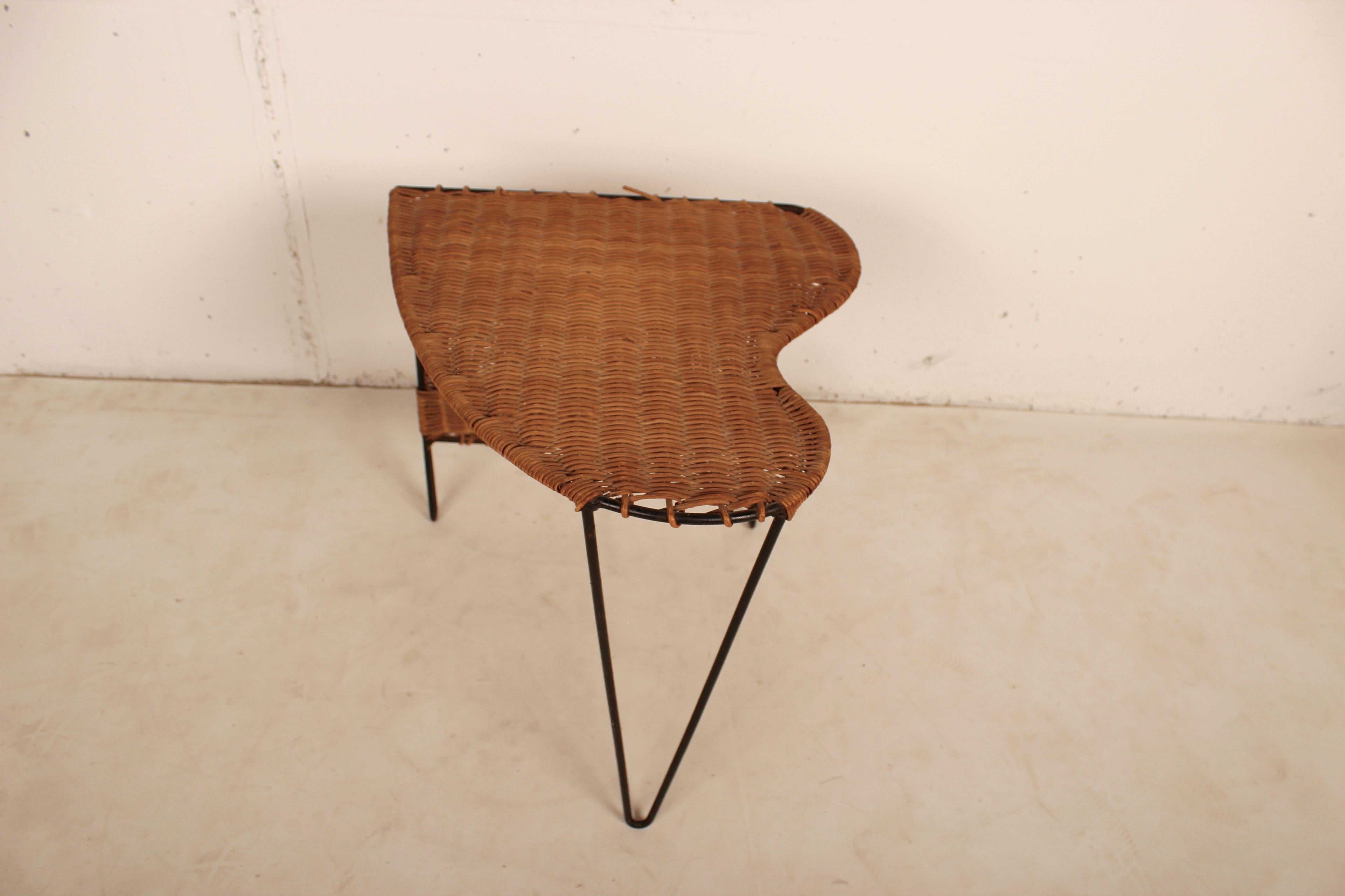 Mid-Century Modern Wicker Side Table with Magazine Holder by Raoul Guys, France, 1950