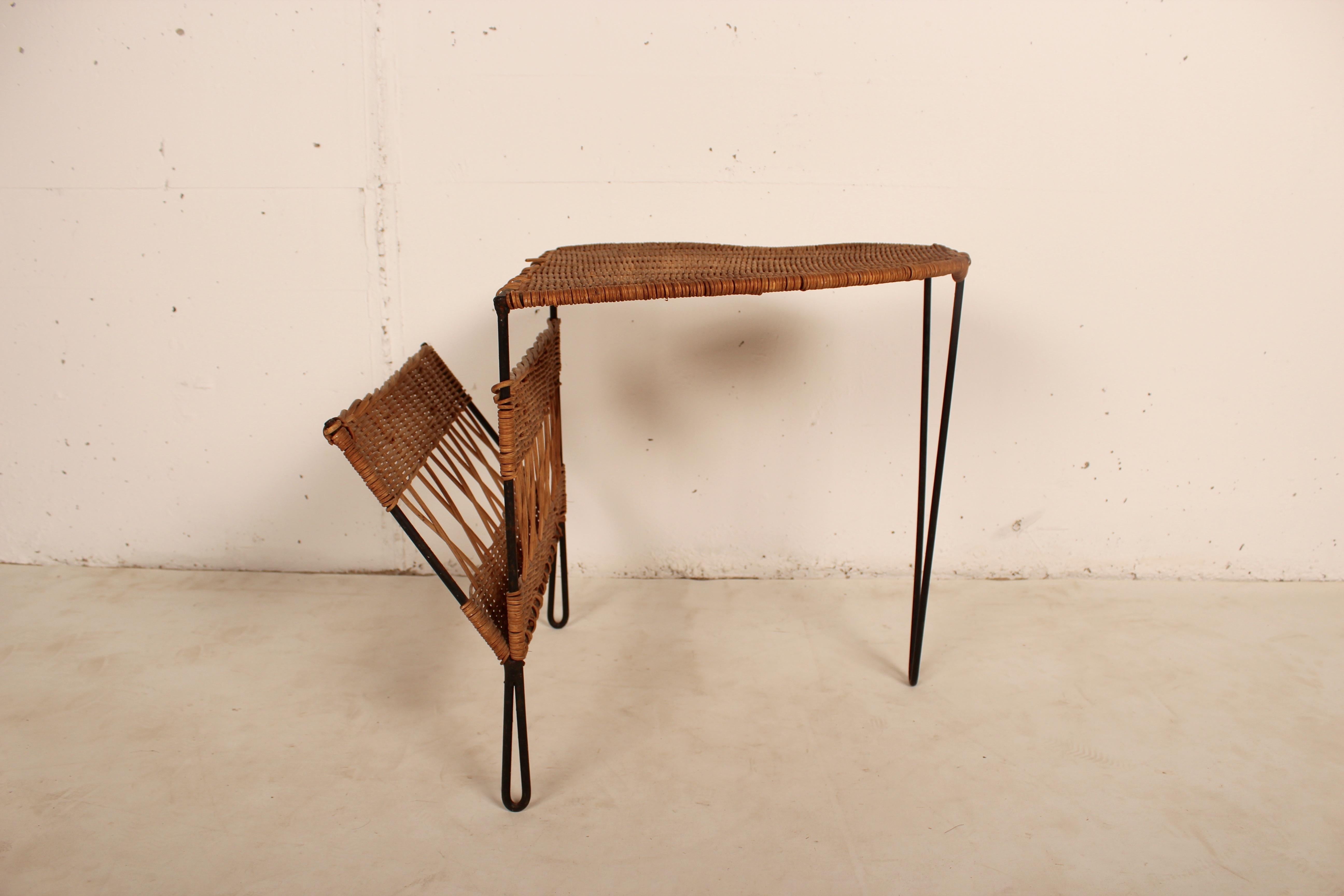 Mid-20th Century Wicker Side Table with Magazine Holder by Raoul Guys, France, 1950