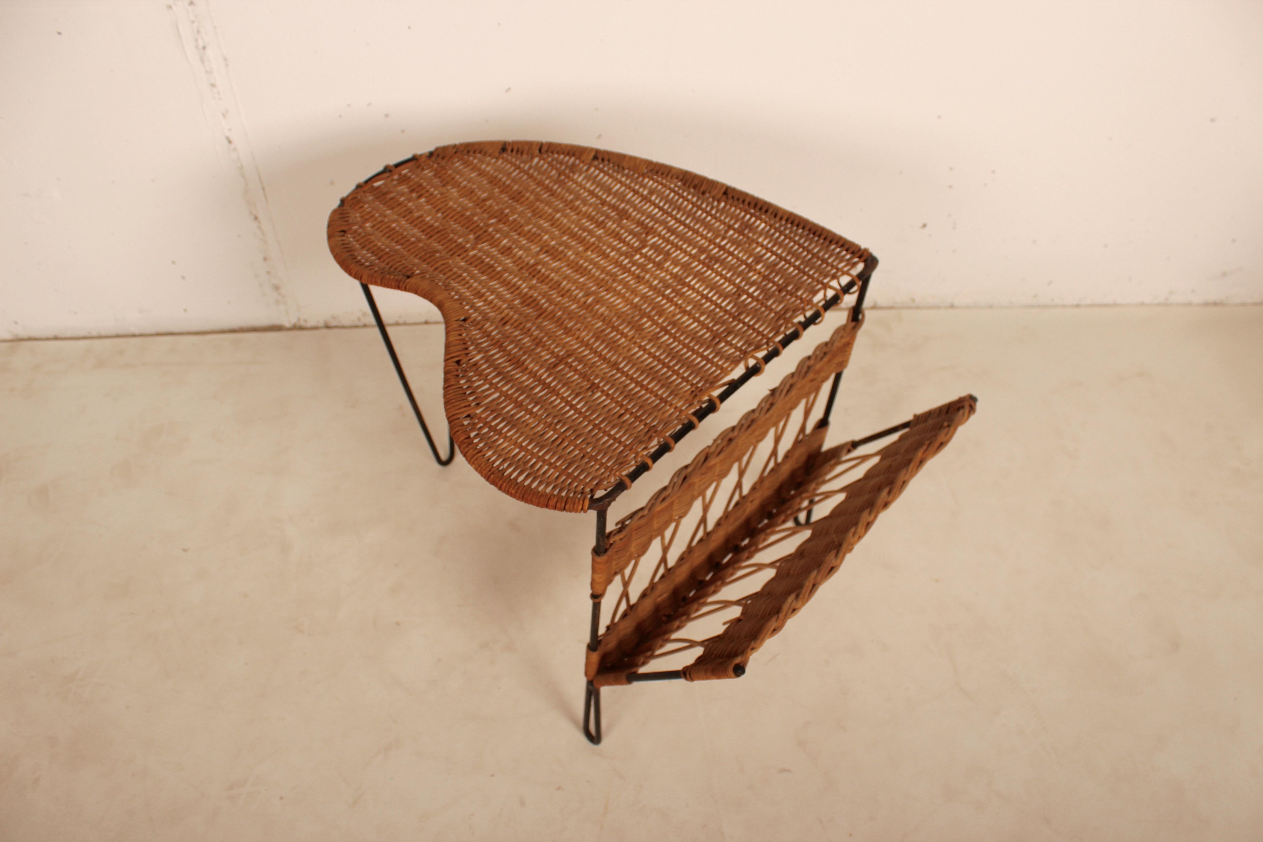 Wicker Side Table with Magazine Holder by Raoul Guys, France, 1950 2