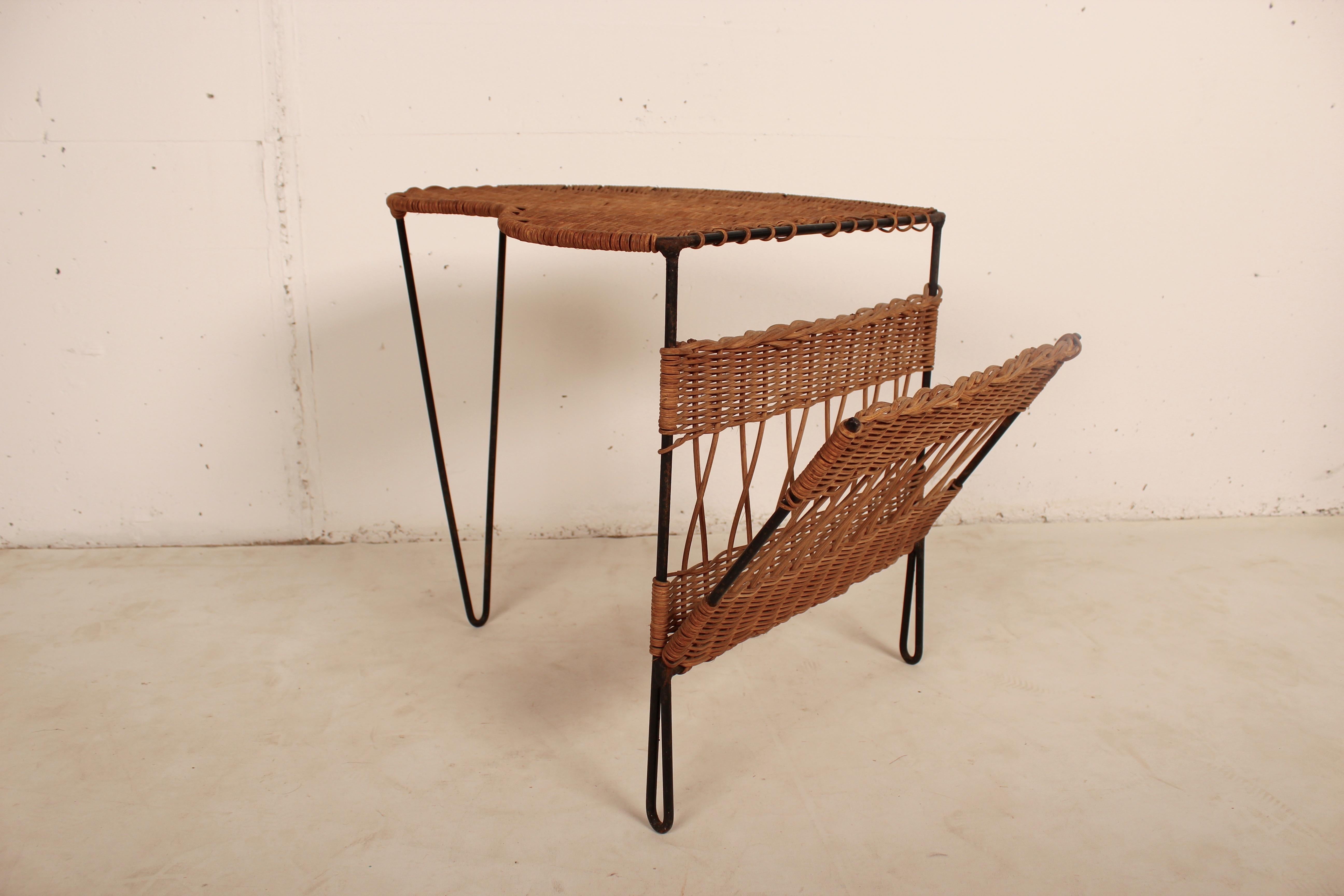 Wicker Side Table with Magazine Holder by Raoul Guys, France, 1950 3