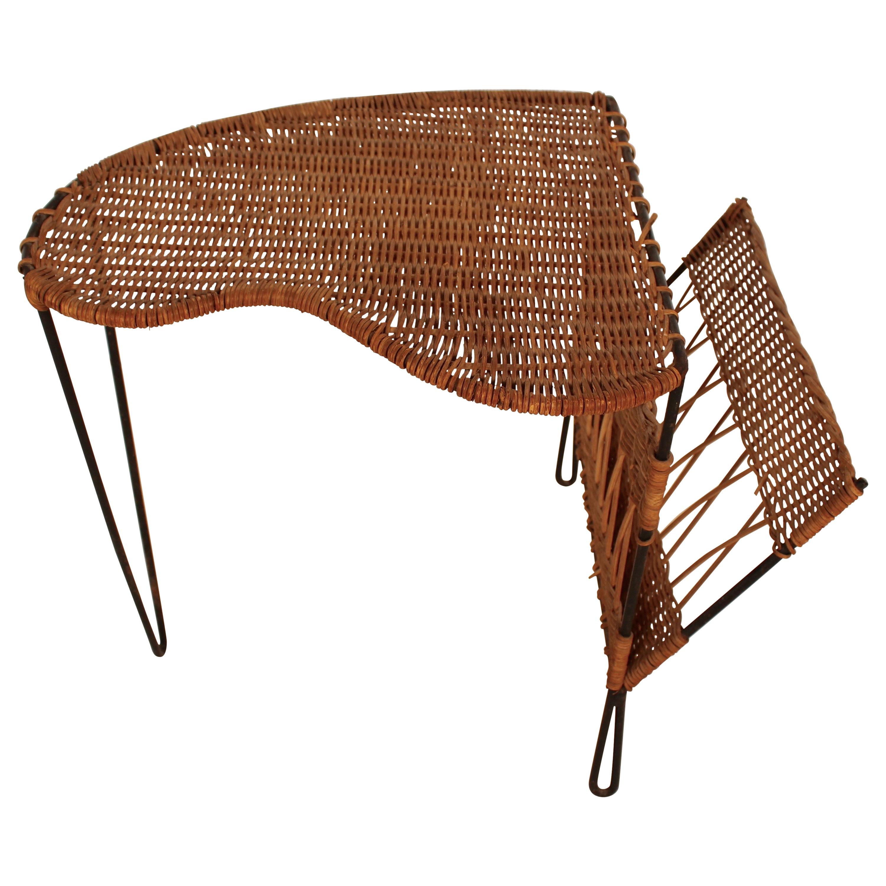 Wicker Side Table with Magazine Holder by Raoul Guys, France, 1950