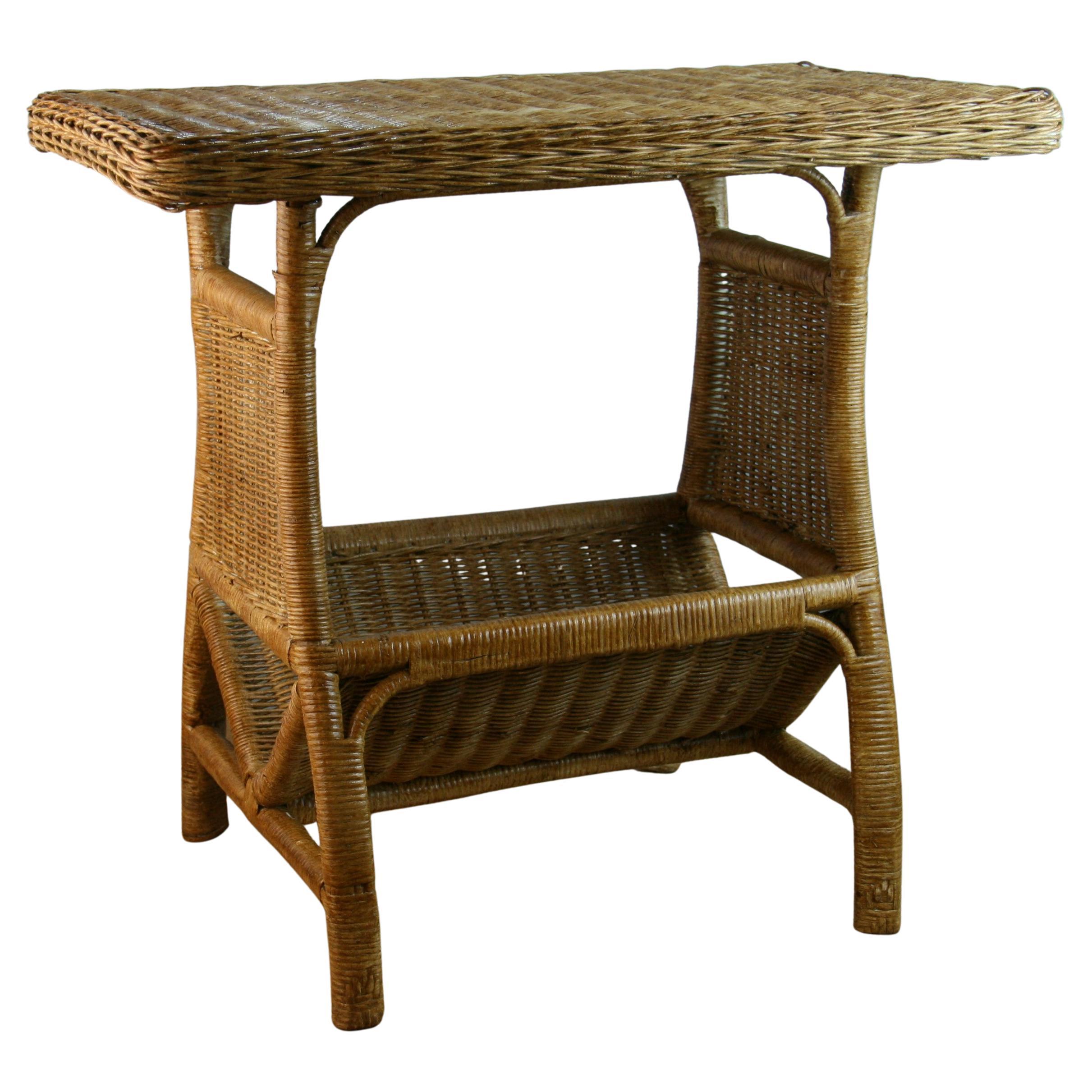Wicker Side Table with Magazine Rack For Sale