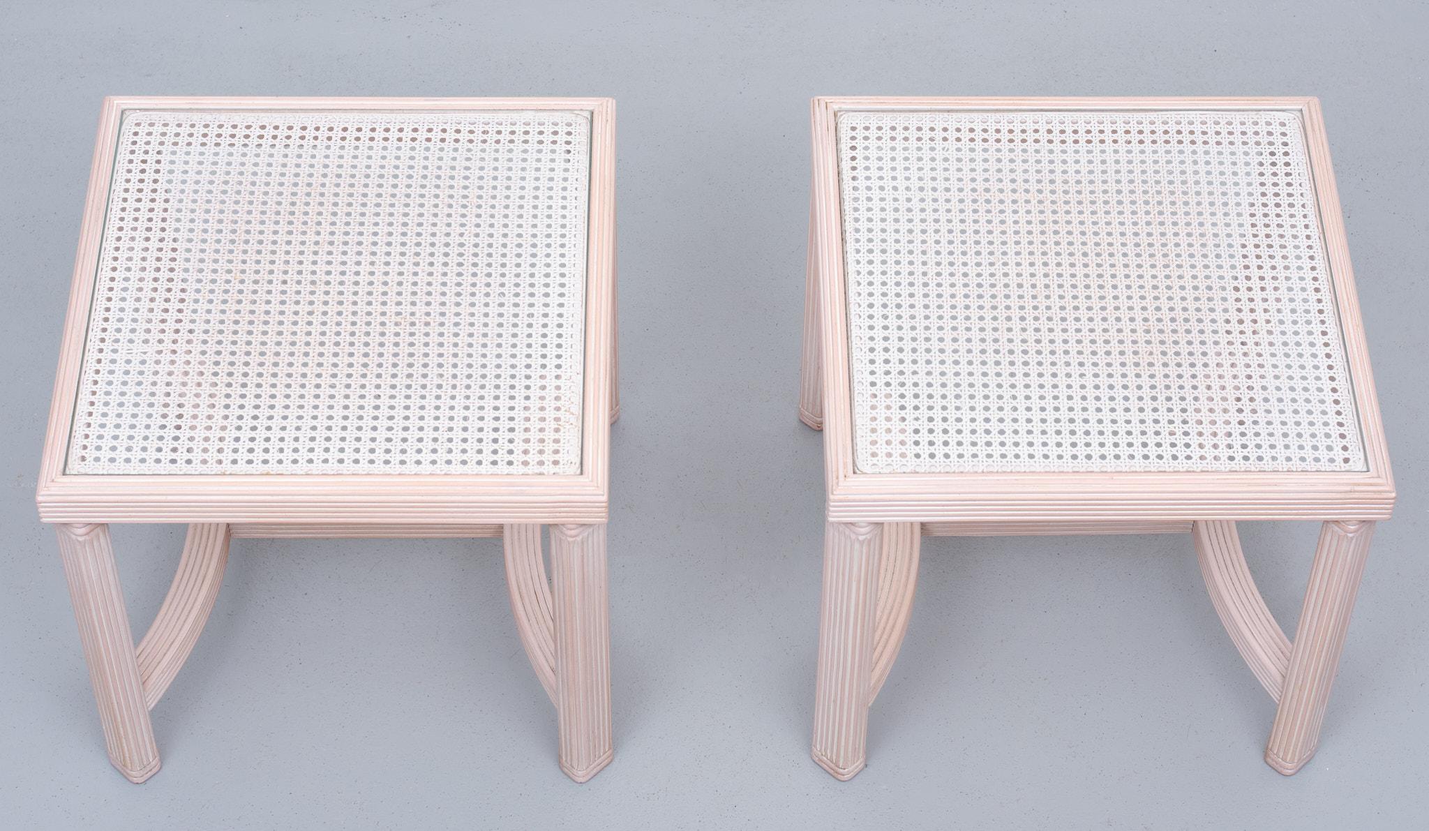 Two very nice attractive Wicker side tables. Beveled glass top. In a light 
Pink color. Sofa tables, Nightstands, End tables can be used in many different
ways. Very good condition.