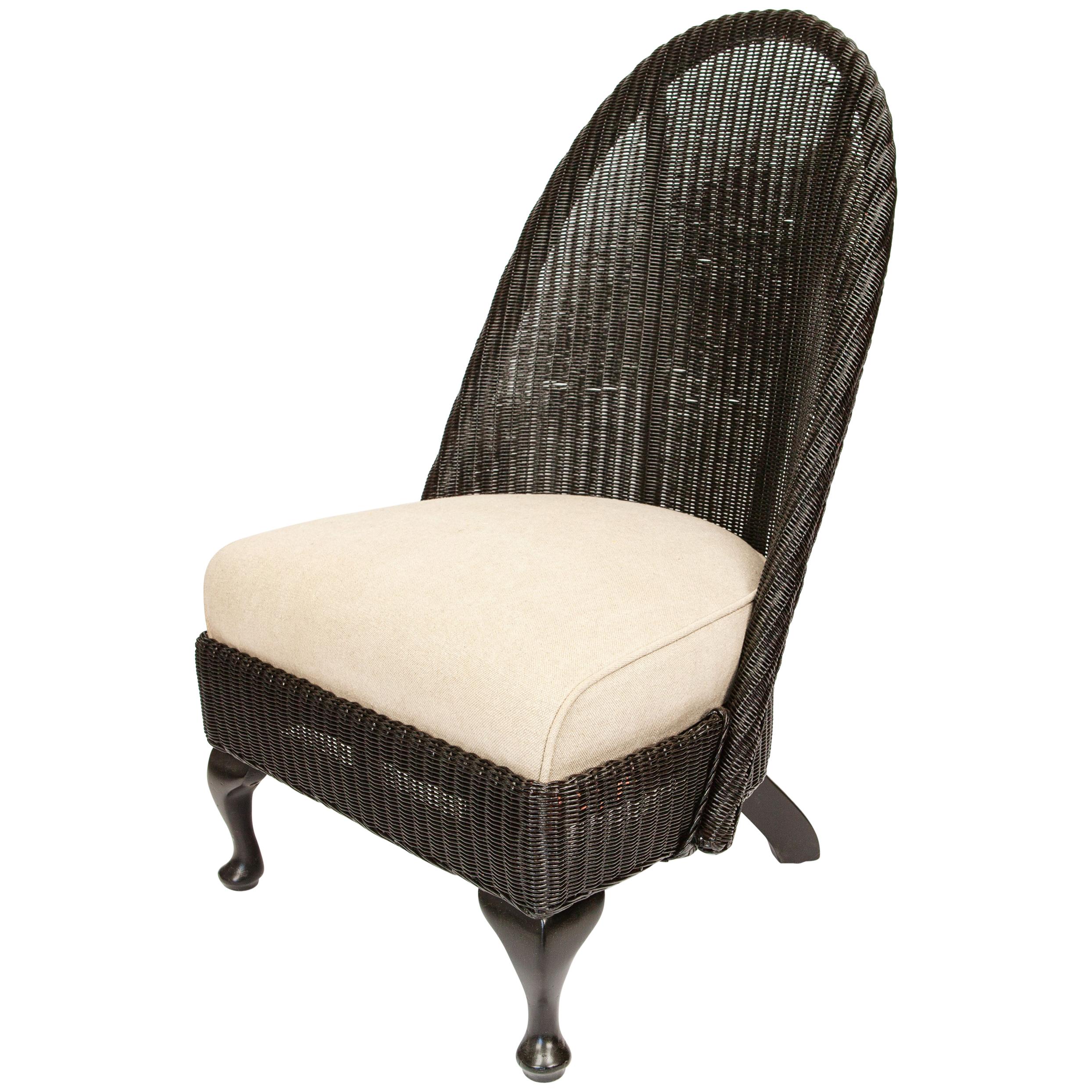 Antique Lloyd Loom Wicker Slipper Chair, Newly Painted in Black Lacquer