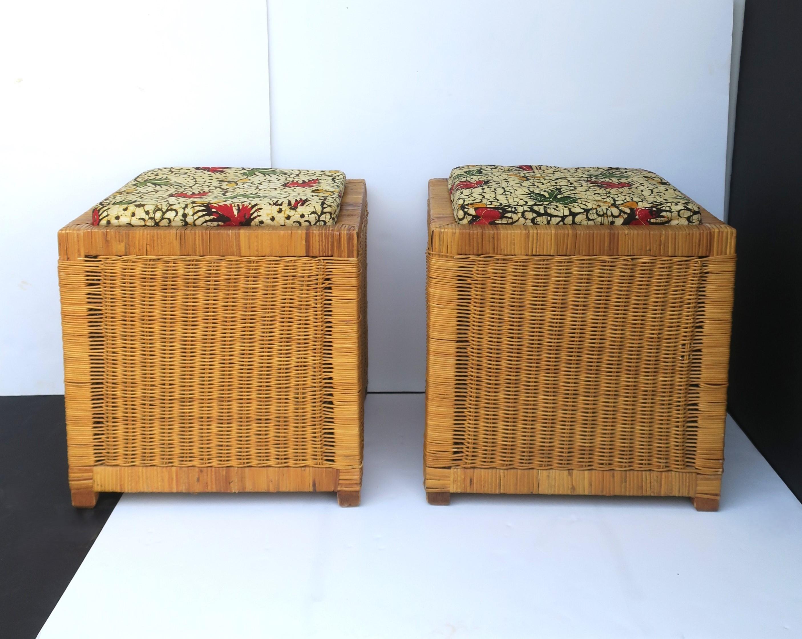 A pair for square wicker stools or benches with seat cushions, circa late-20th century to early 21st. Dimensions: 17