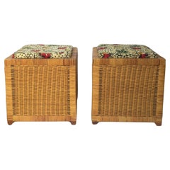 Vintage Wicker Stools Benches, Pair