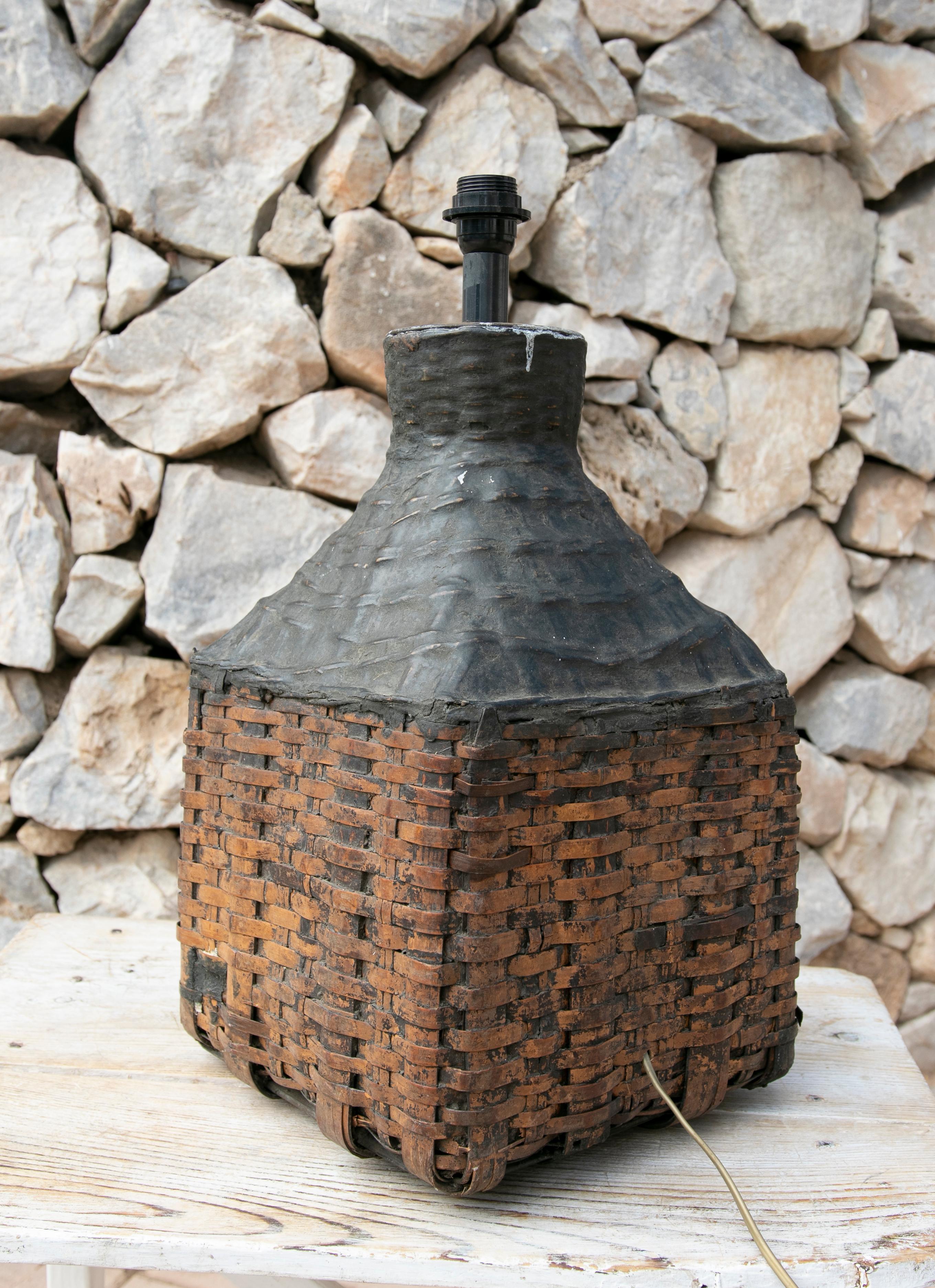 Asian Wicker Table Lamp with Black Painted Top