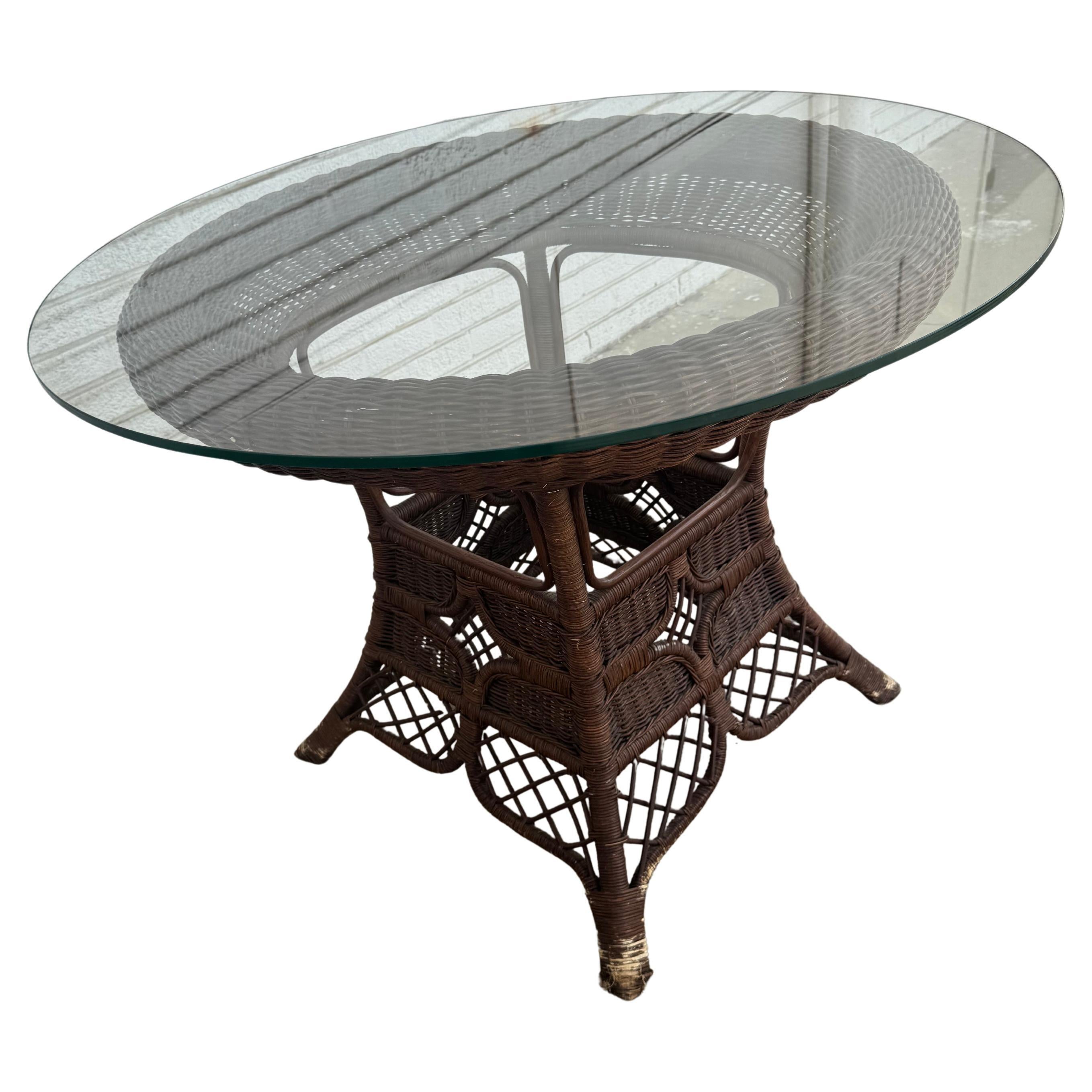 Wicker Table with Glass Top For Sale