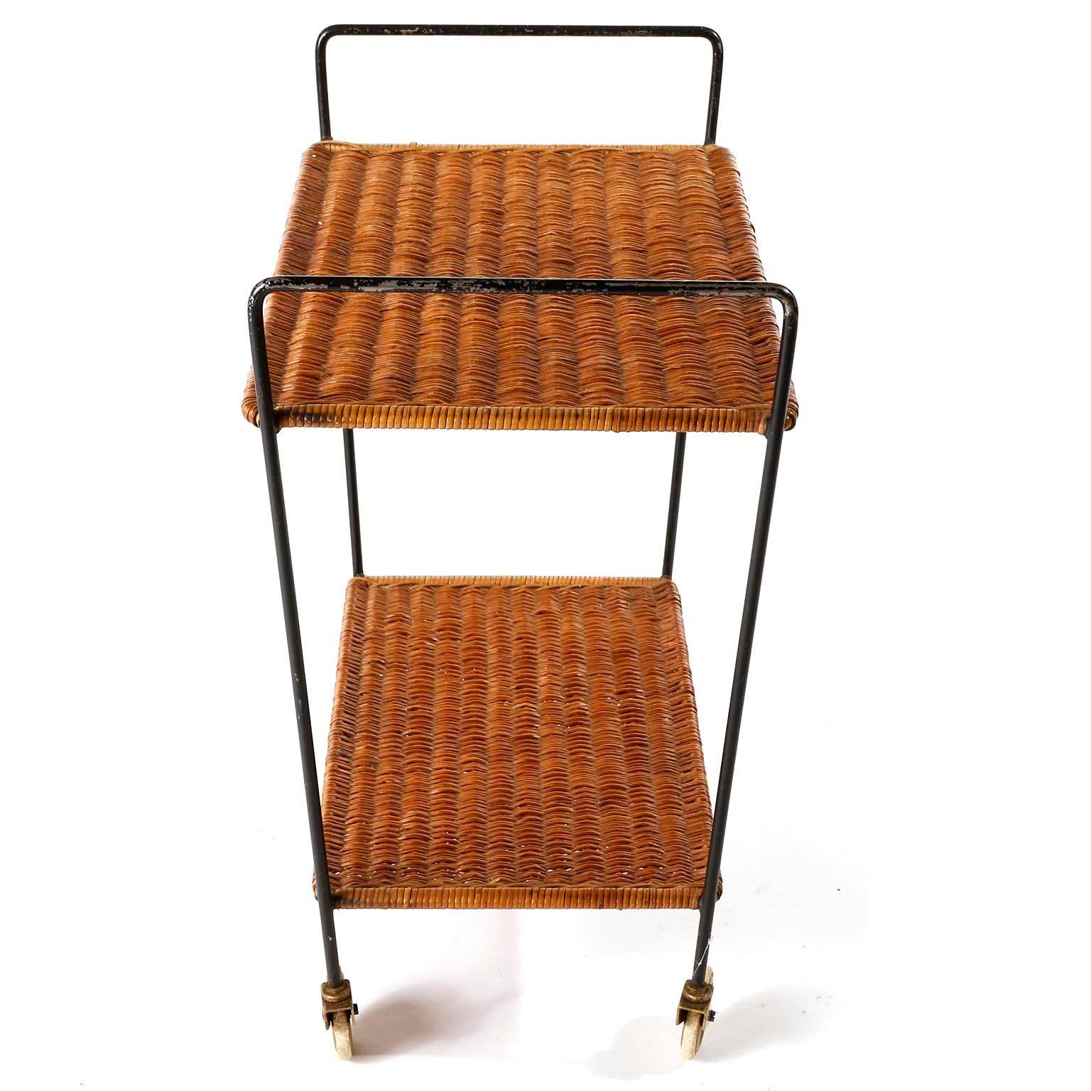 Mid-Century Modern Wicker Trolley Bar Cart, 1950s