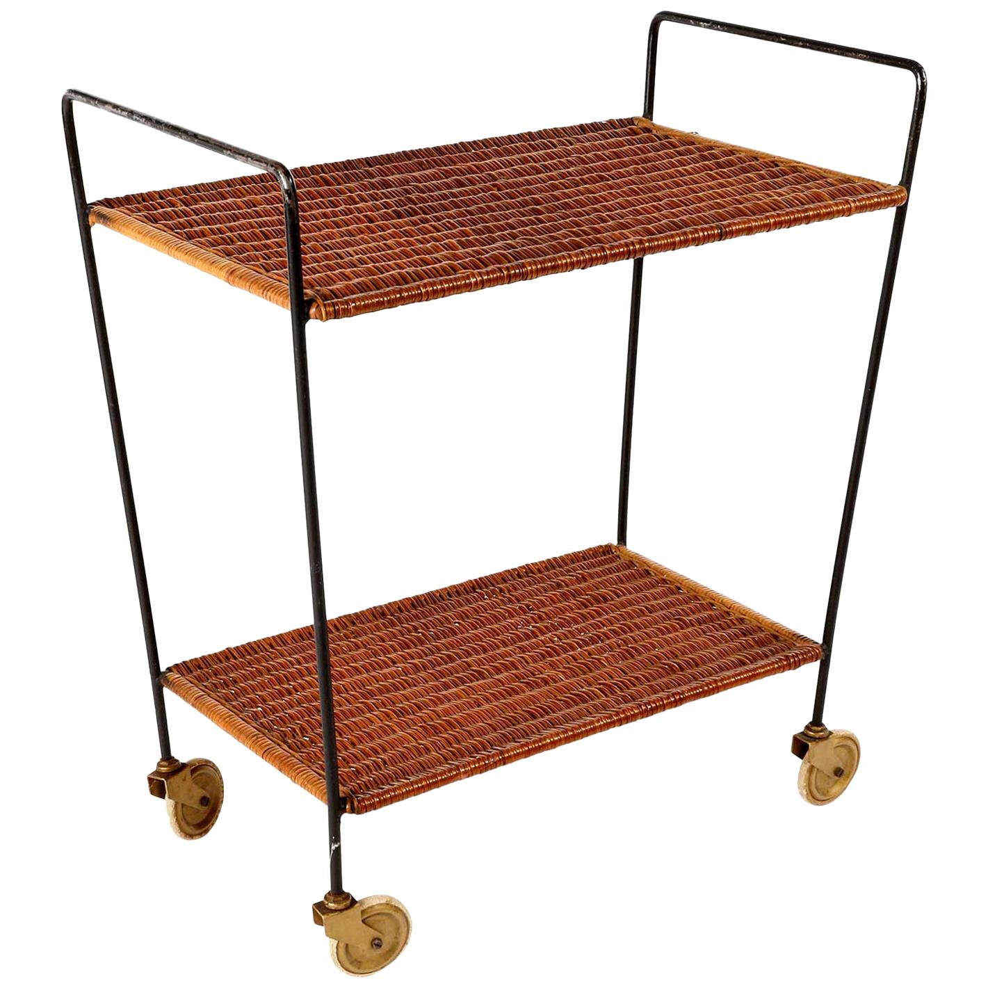 Wicker Trolley Bar Cart, 1950s