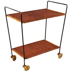 Wicker Trolley Bar Cart, 1950s