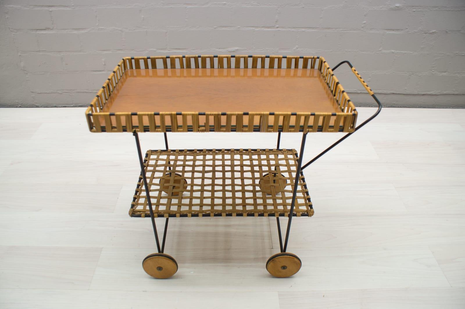 Metal Wicker Trolley Bar Cart, 1950s