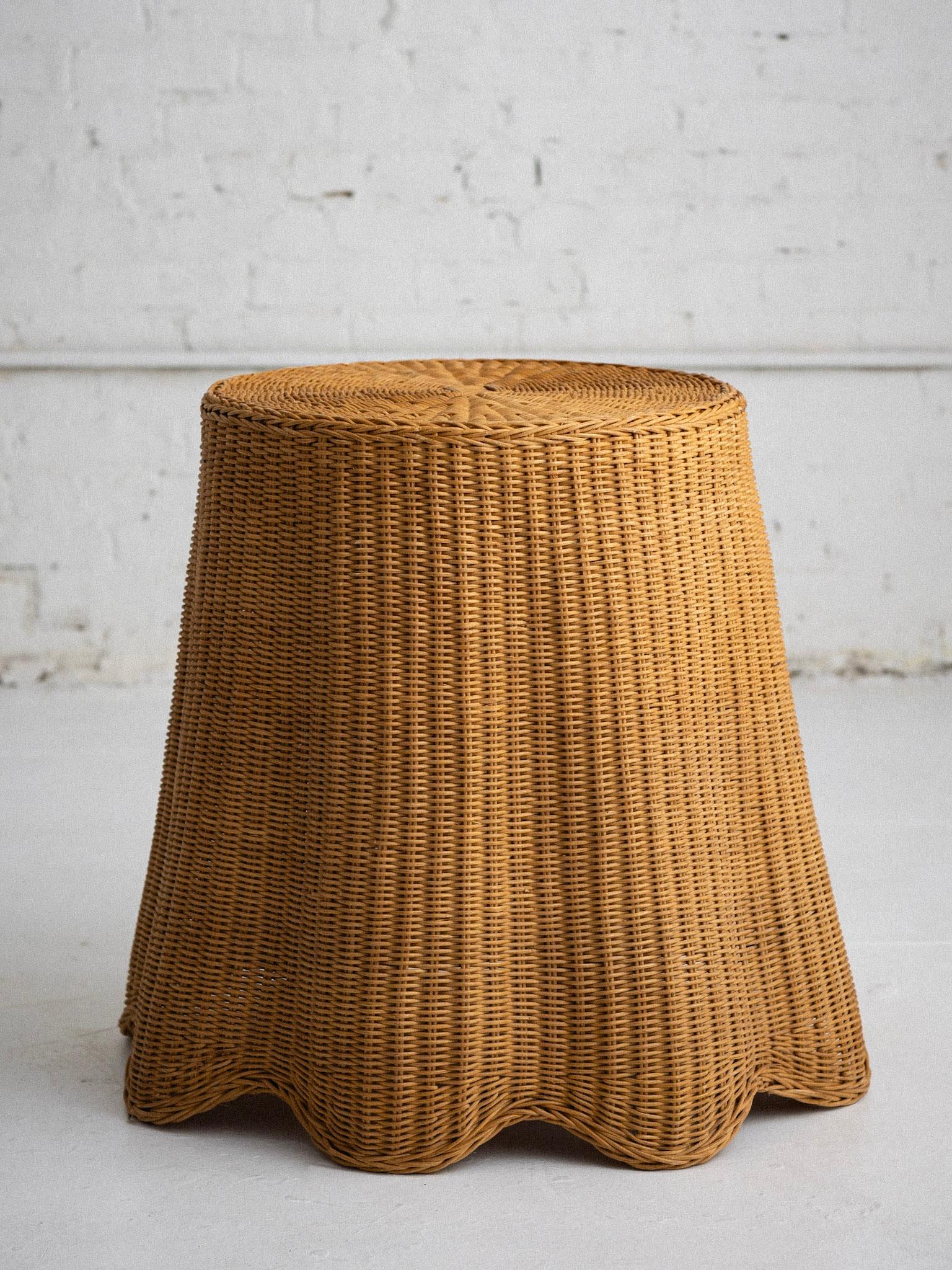 A French wicker Trompe-l'oeil side table. Wicker is woven to look as if the table is 