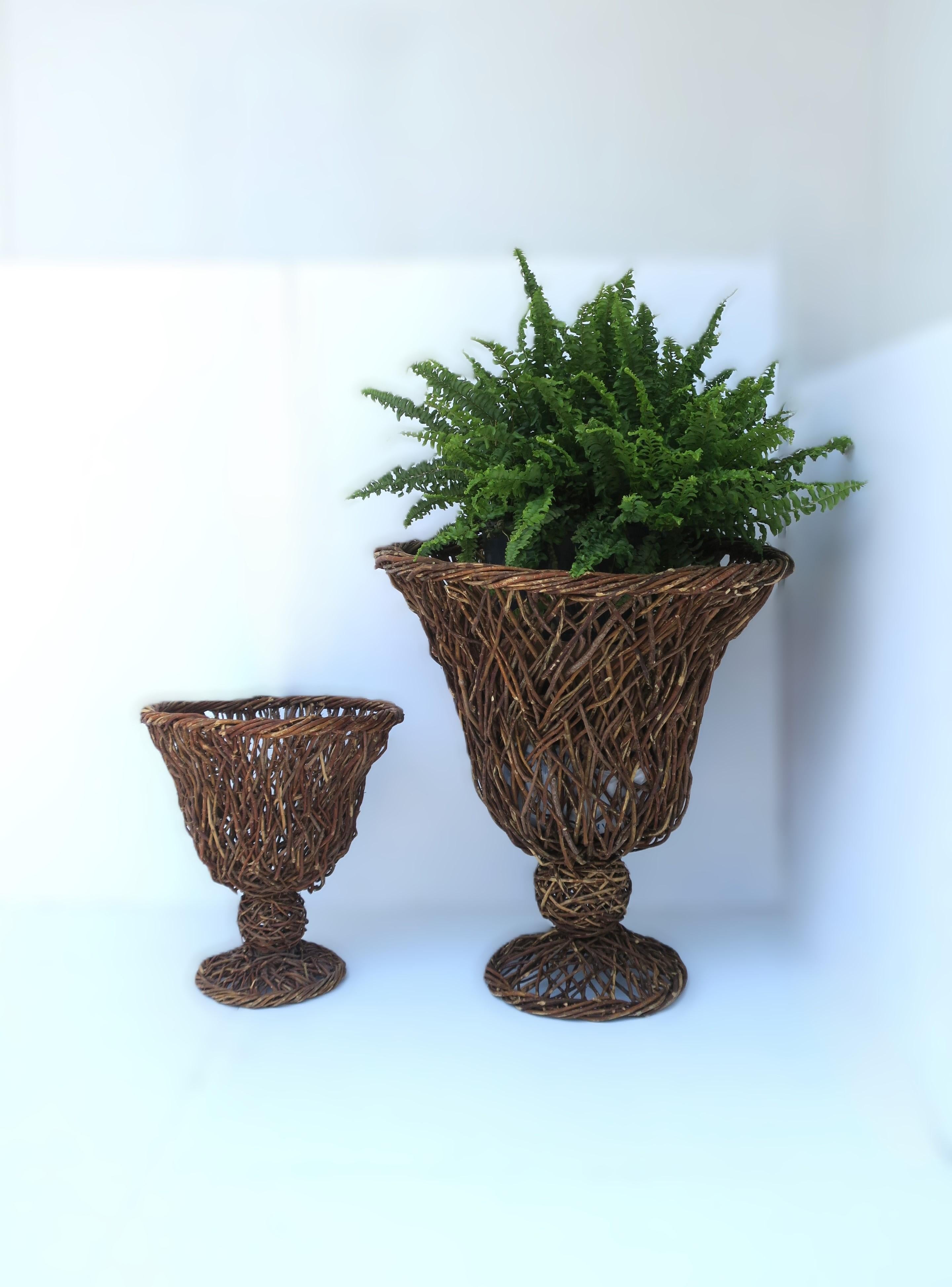 Un set di urne in vimini naturale con rami di legno. Le urne possono essere utilizzate come pezzi a sé stanti, come vasi per fiori e piante (come dimostrato con una felce vera, ma è possibile utilizzare anche piante finte). I pezzi possono essere