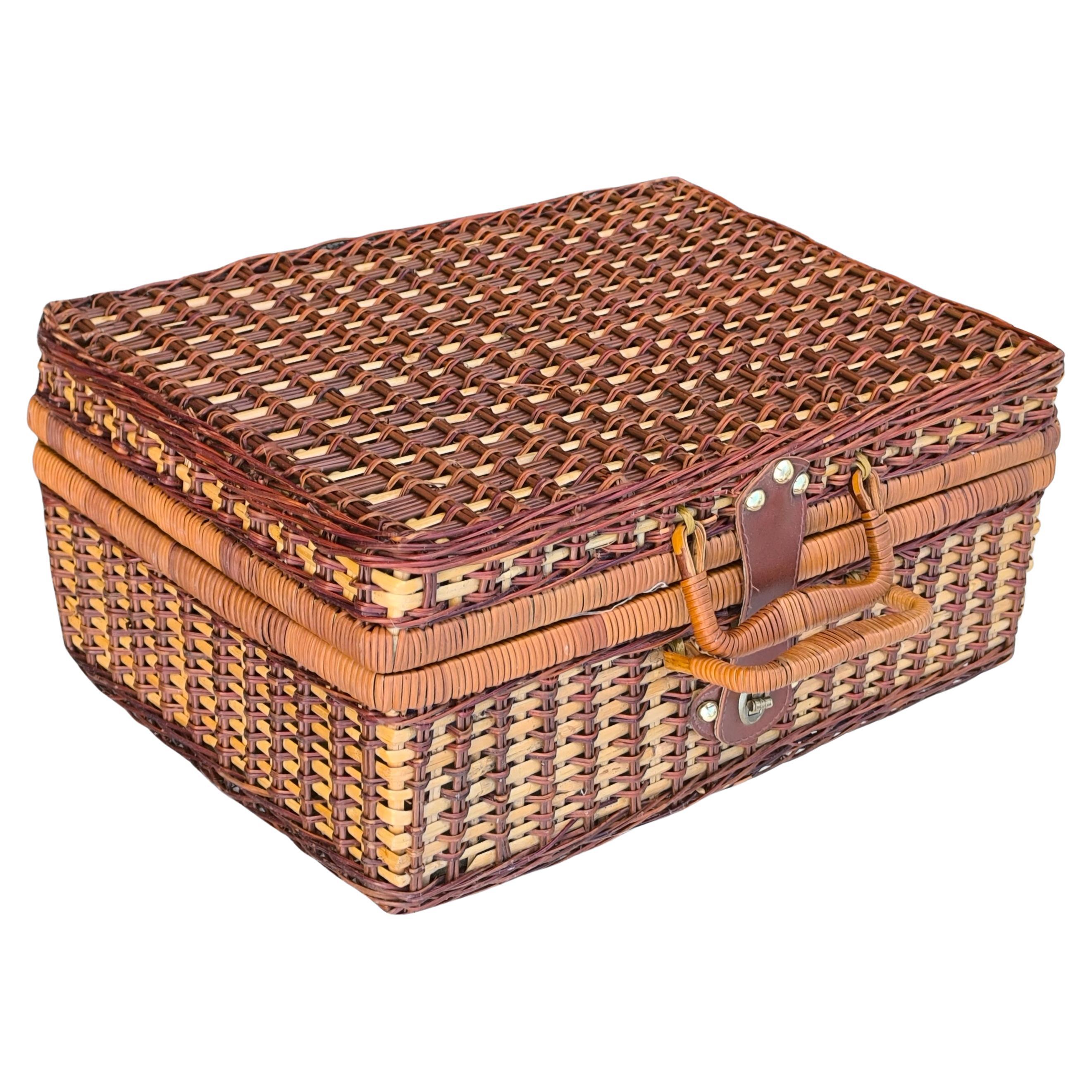 Mallette de pique-nique vintage en osier, panier, circa 1940