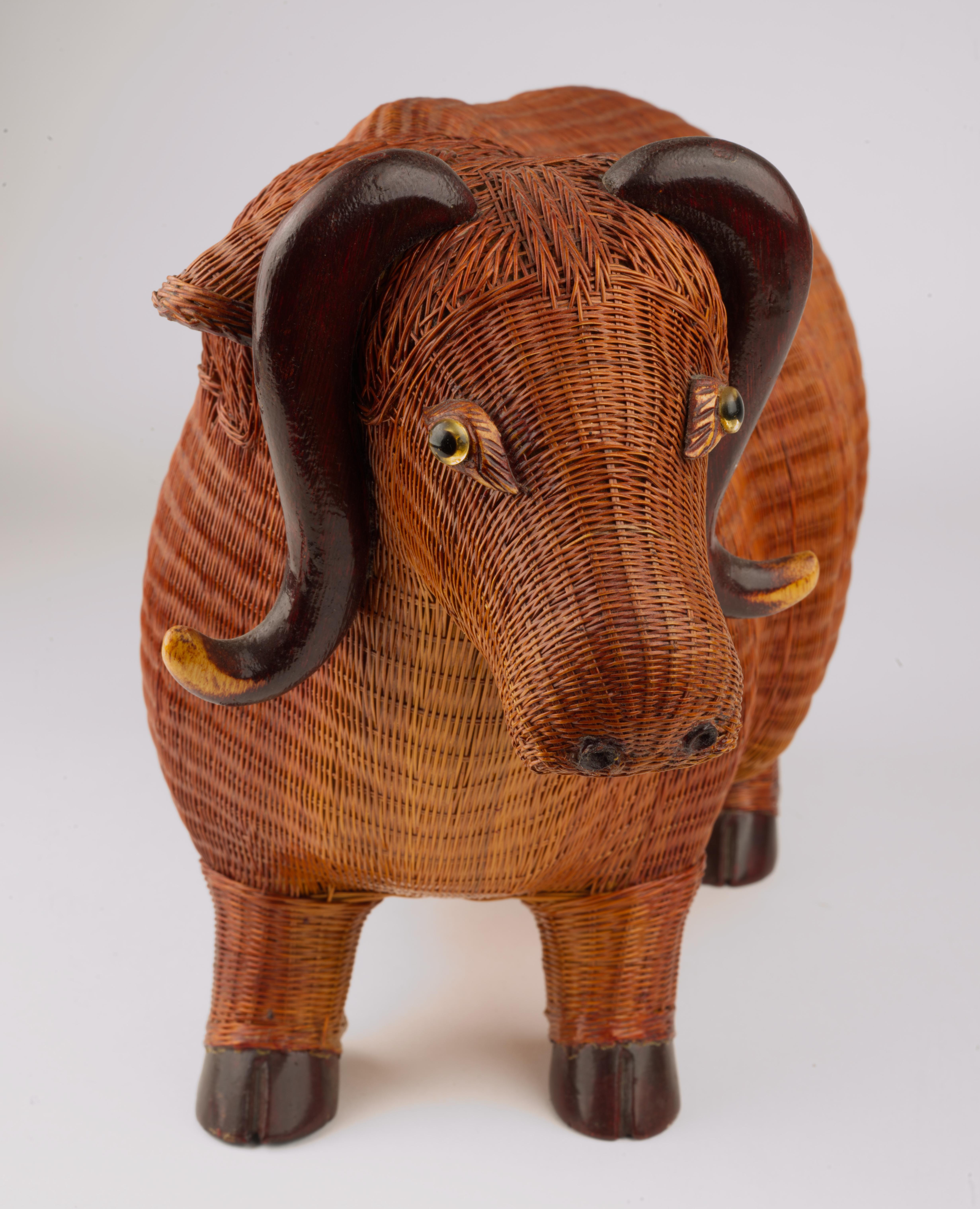 20th Century Wicker Water Buffalo Figurine by Shanghai Handicrafts For Sale