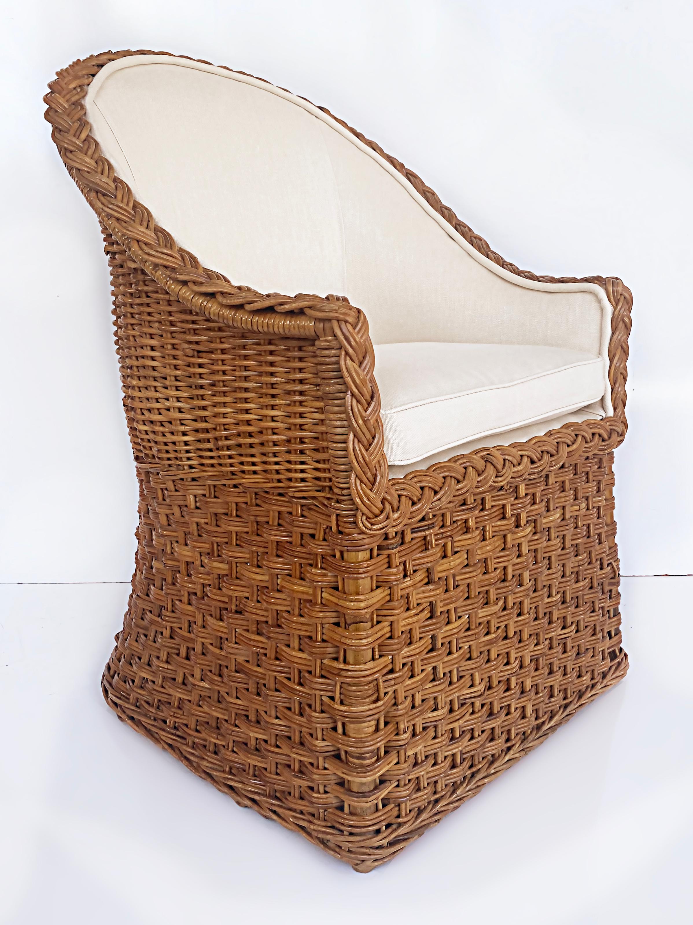 Organic Modern Wicker Works Braided Rattan Club Chairs, New Upholstery, 1 Pair Available For Sale
