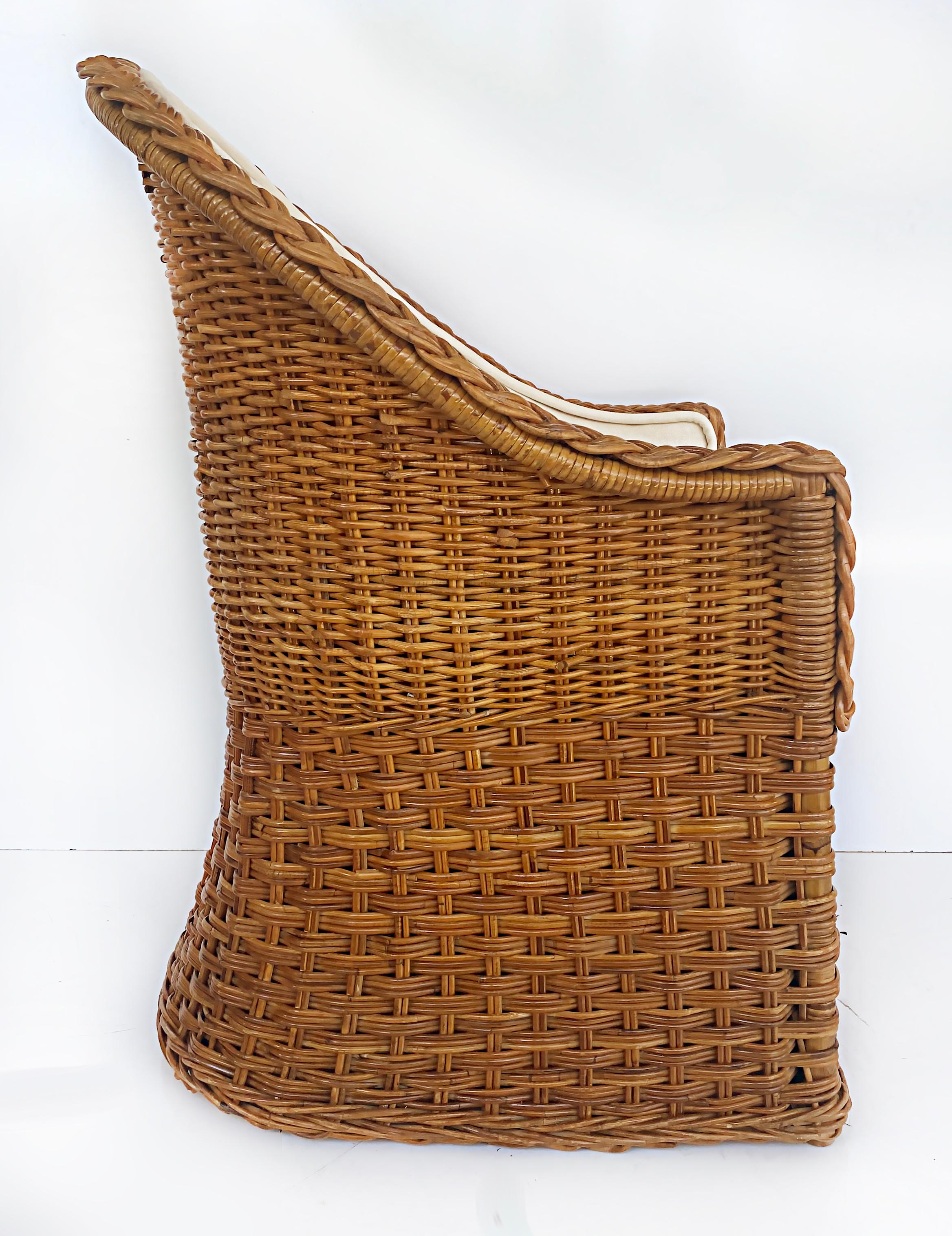 Fabric Wicker Works Braided Rattan Club Chairs, New Upholstery, 1 Pair Available For Sale