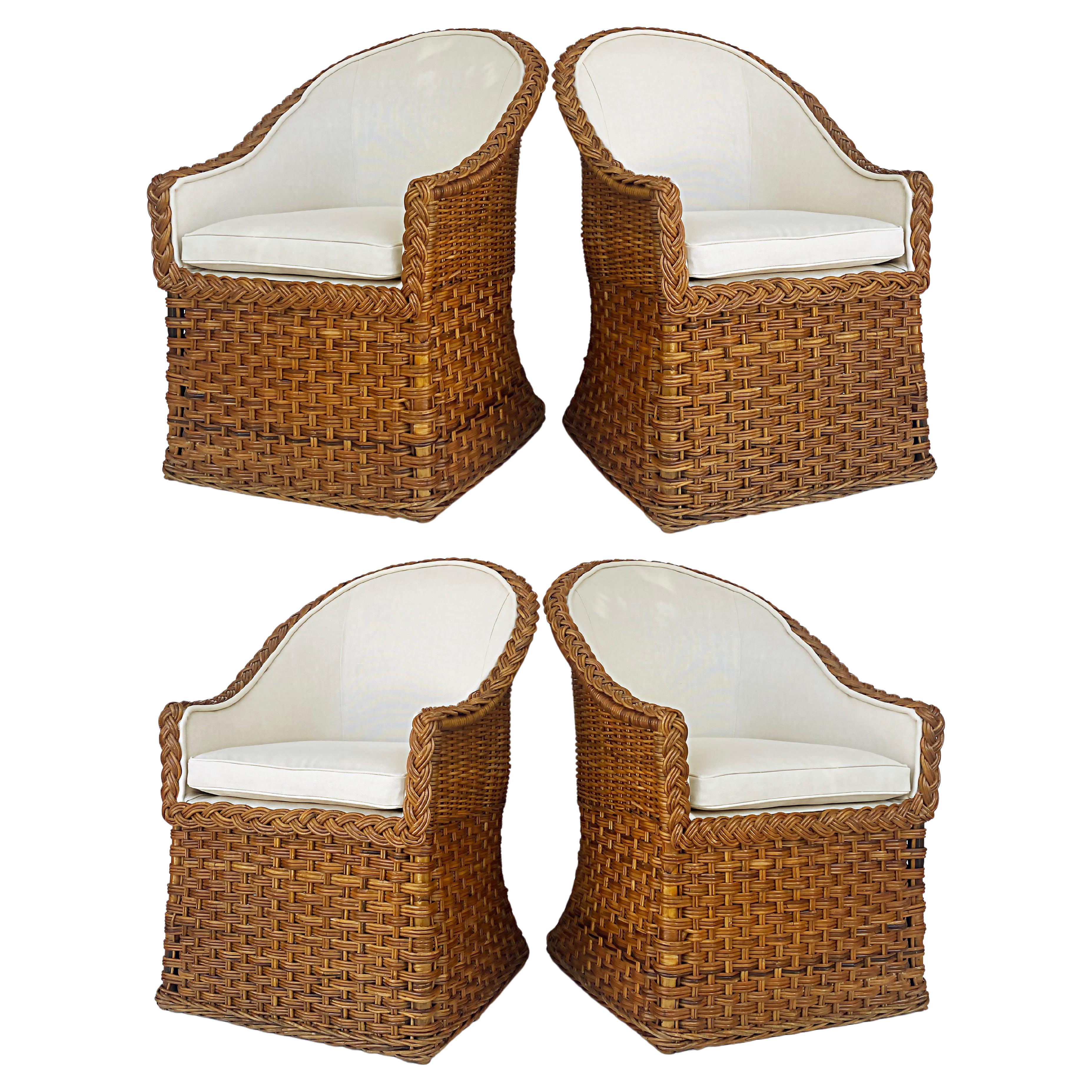 Wicker Works Braided Rattan Club Chairs, New Upholstery, 1 Pair Available For Sale