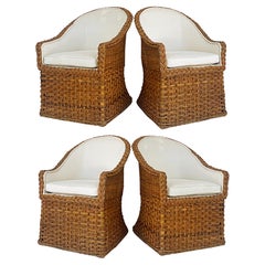 Wicker Works Braided Rattan Club Chairs, New Upholstery, 1 Pair Available