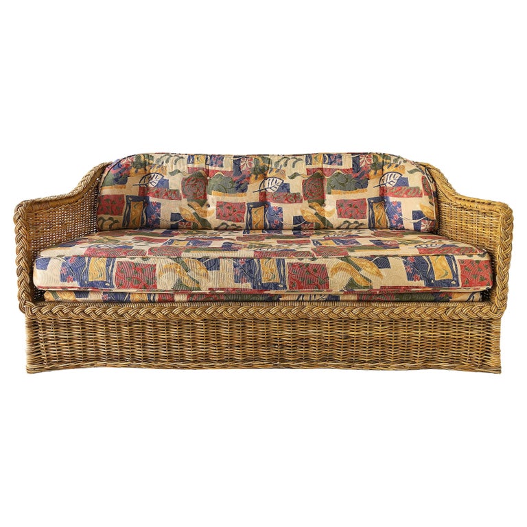 Wicker Works Braided Rattan Sofa with Upholstered Seat and Back
