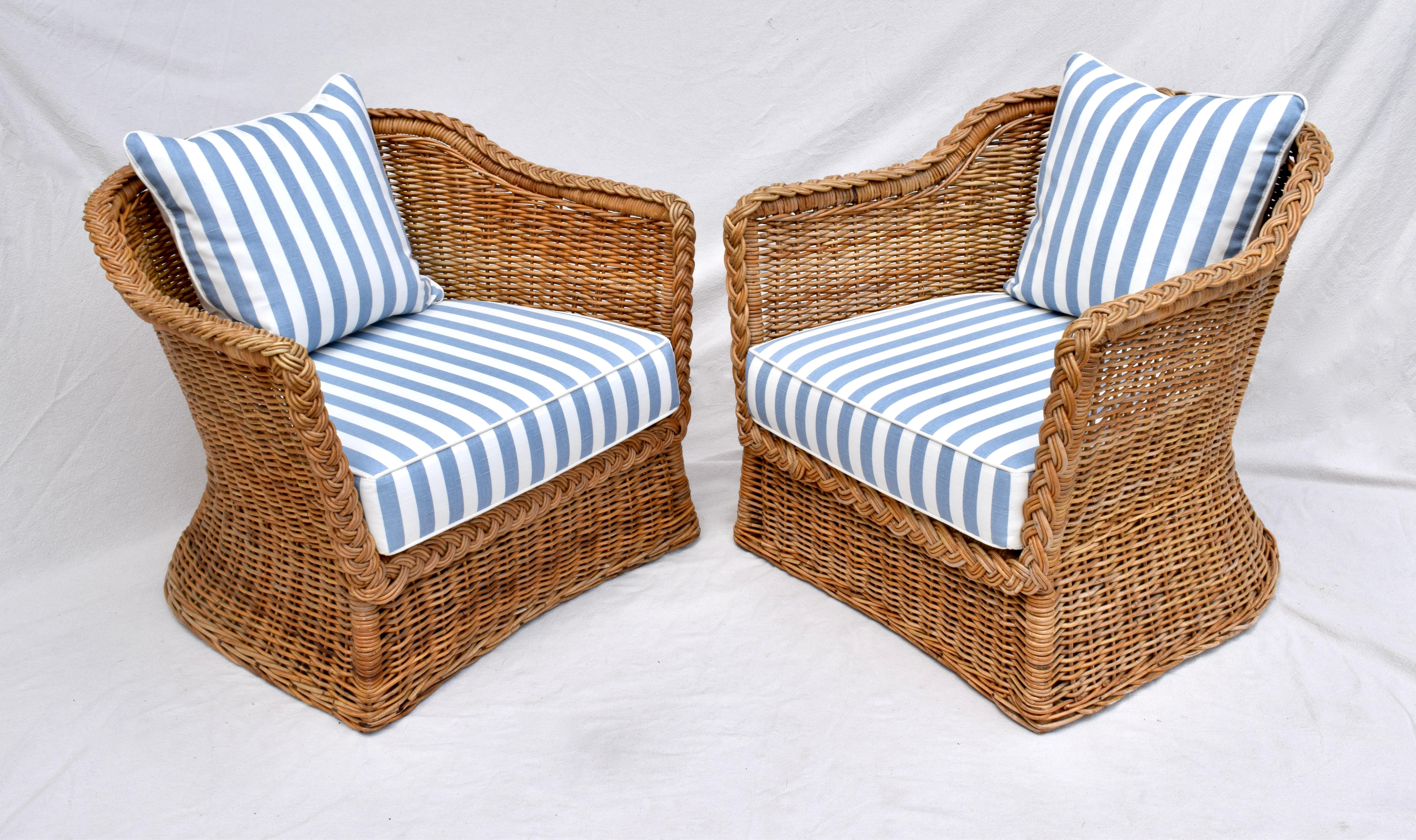 Wicker Works Braided Wicker Rattan Arm Chairs in Blue & White Linen 3