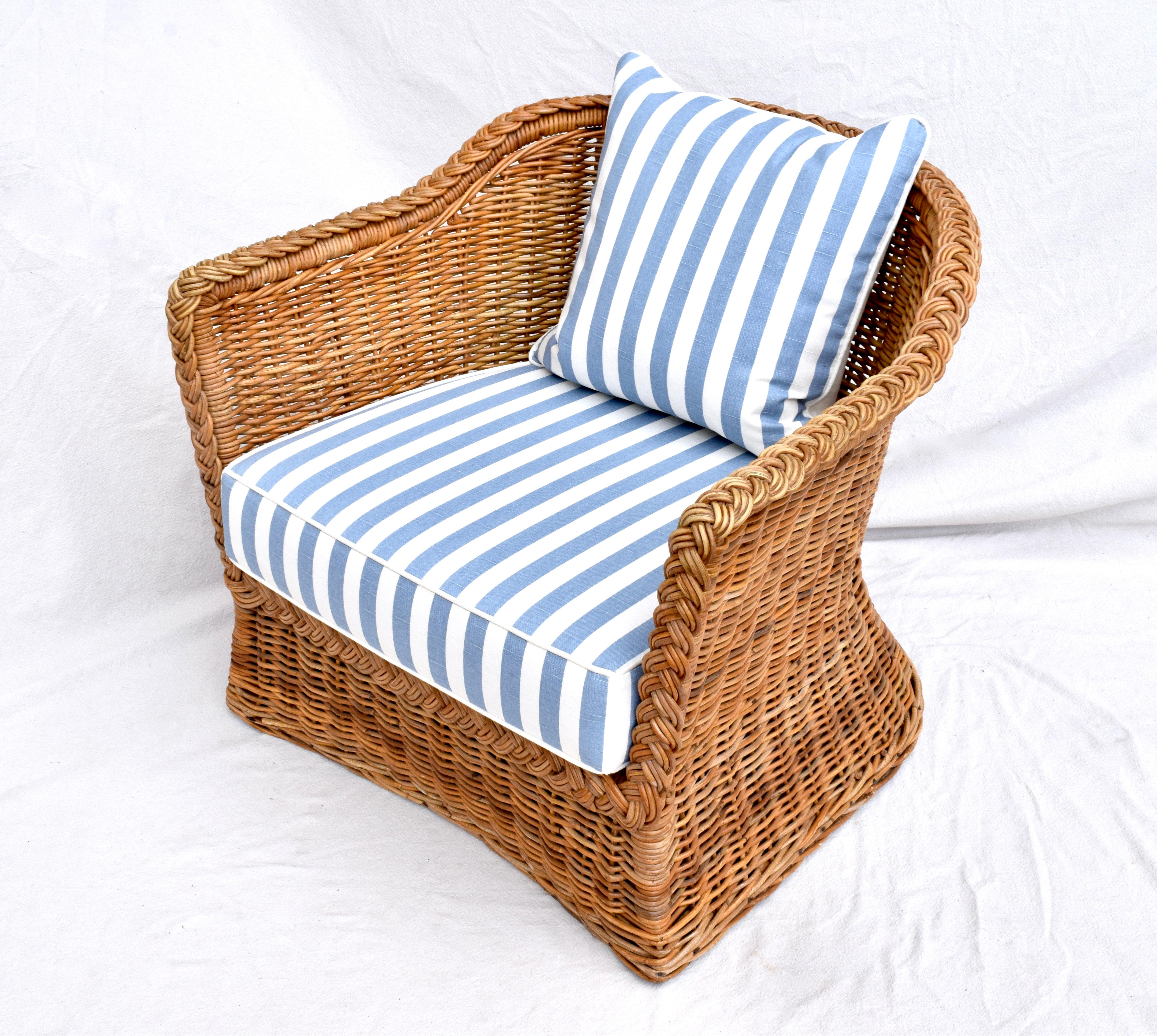 Wicker Works Braided Wicker Rattan Arm Chairs in Blue & White Linen 4
