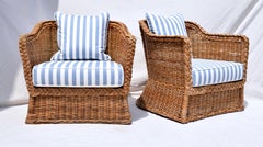 Wicker Works geflochtene Rattanstühle aus Korbweide in Blau & Weiß Leinen
