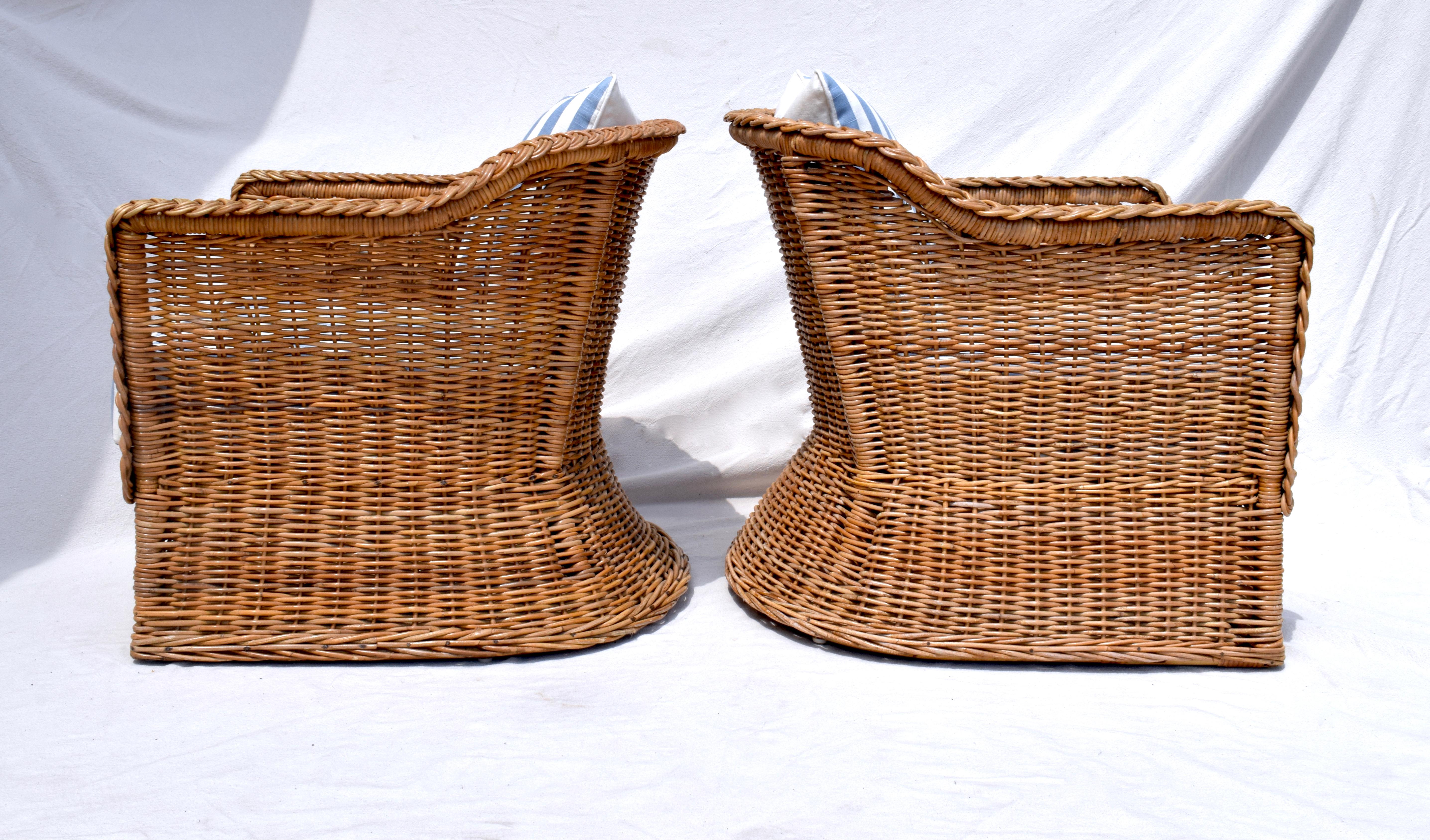 Organic Modern Wicker Works Braided Wicker Rattan Arm Chairs in Blue & White Linen