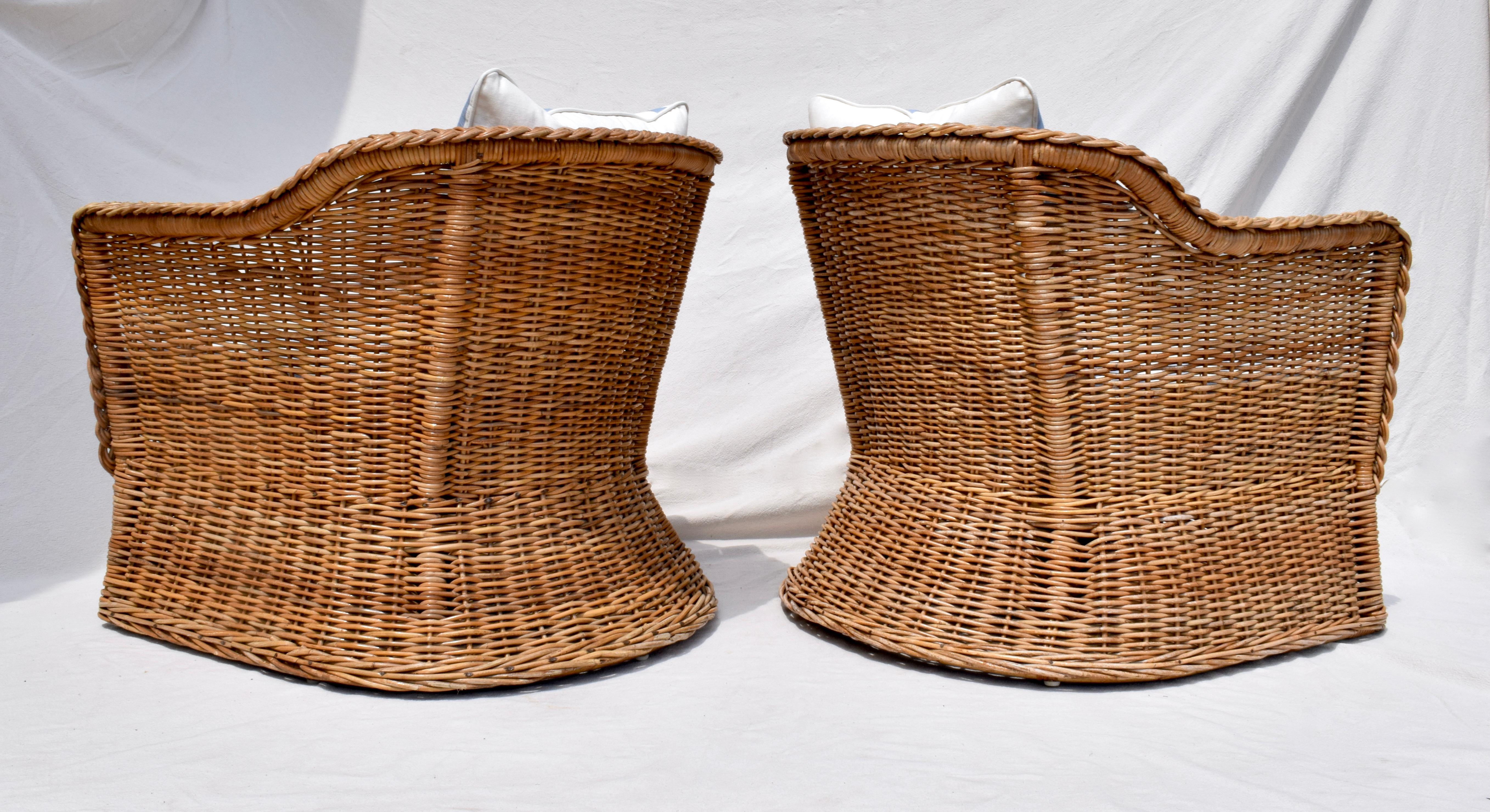 Wicker Works Braided Wicker Rattan Arm Chairs in Blue & White Linen In Good Condition In Southampton, NJ