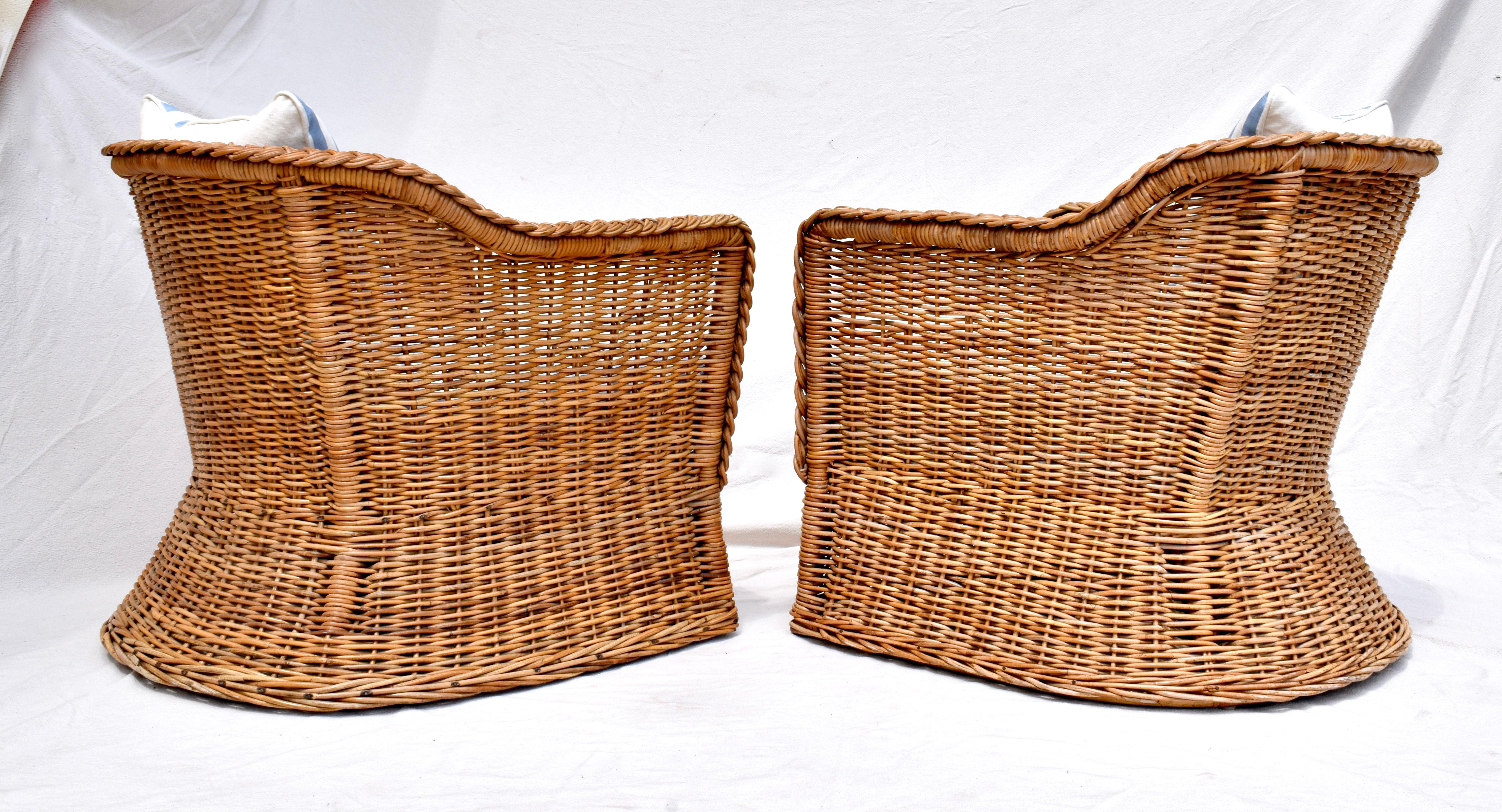 Cotton Wicker Works Braided Wicker Rattan Arm Chairs in Blue & White Linen