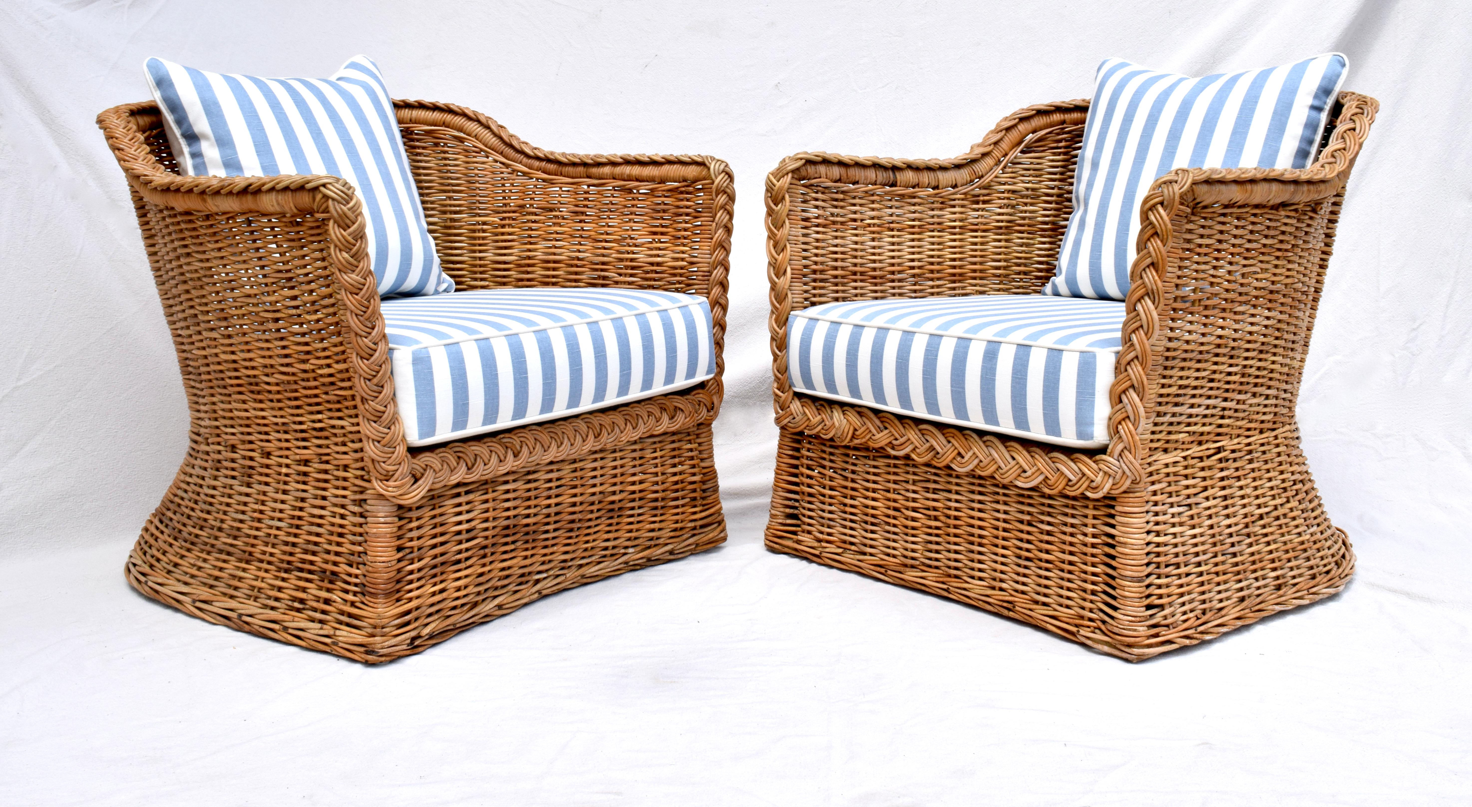Wicker Works Braided Wicker Rattan Arm Chairs in Blue & White Linen 2