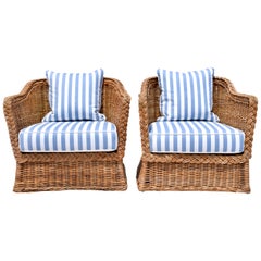 Fauteuils en osier tressé et rotin Wicker Works en lin bleu et blanc