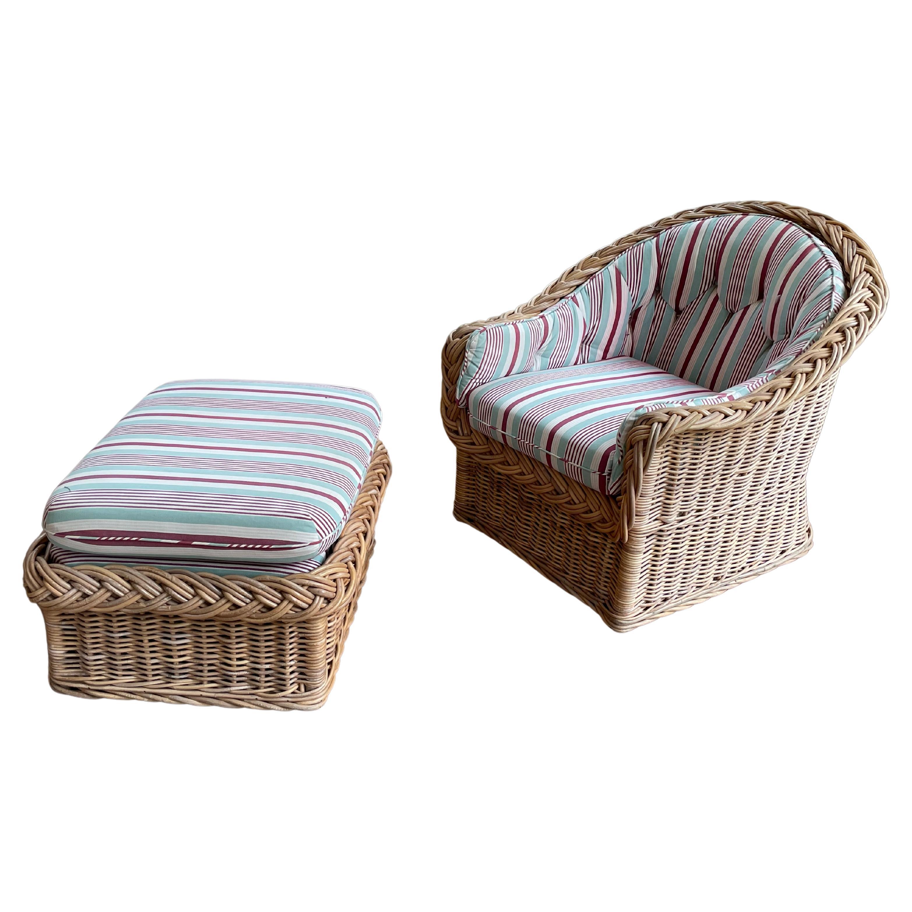 Woven and braided Italian rattan barrel back lounge chair and matching ottoman from The Wicker Works San Francisco CA By Peter Rocchia 