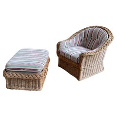 Wicker Works by Peter Rocchia Italian Rattan Barrel Back Lounge Chair & Ottoman