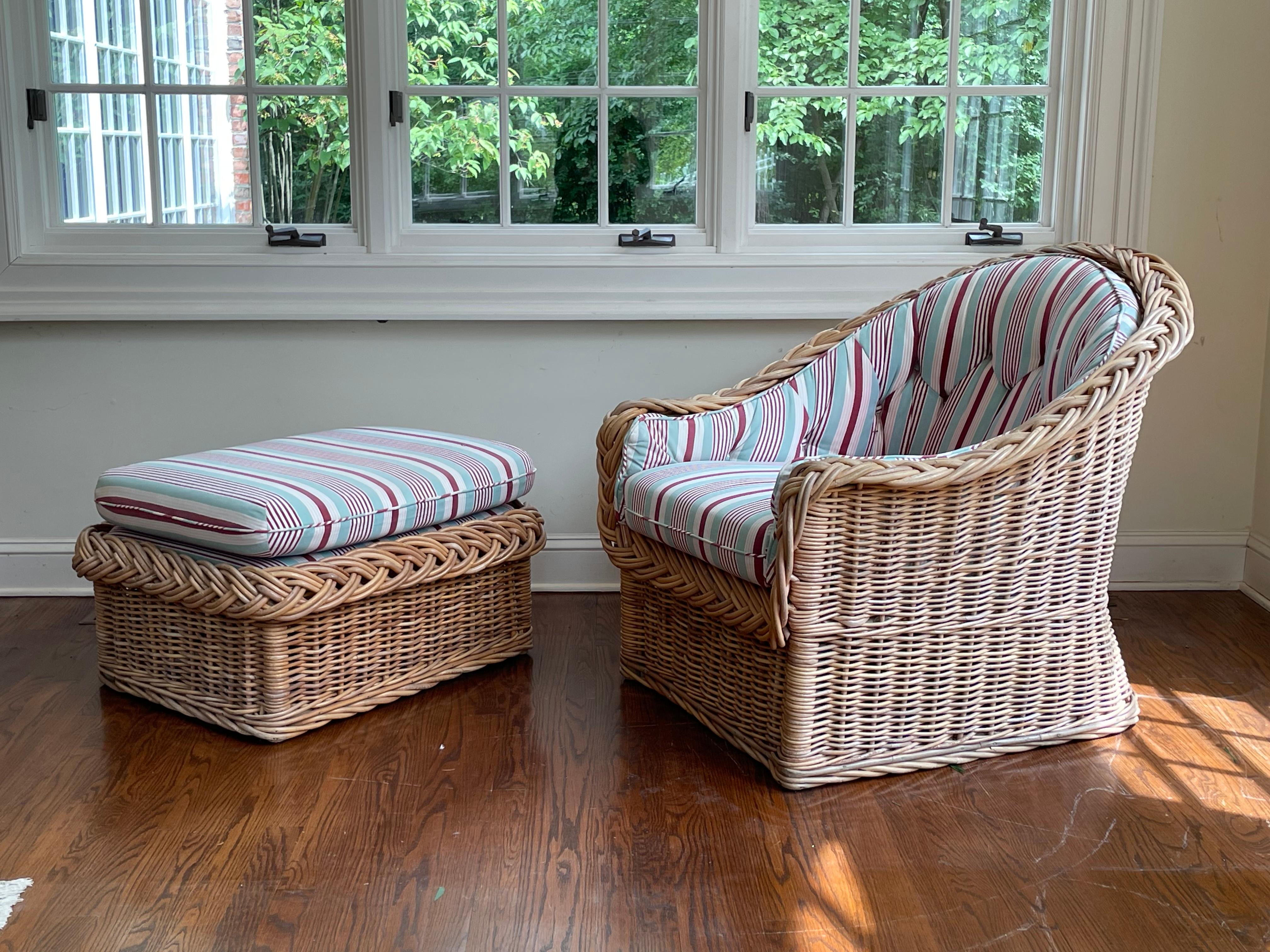 Late 20th Century Wicker Works by Peter Rocchia Italian Rattan Barrel Back Lounge Chair & Ottoman For Sale