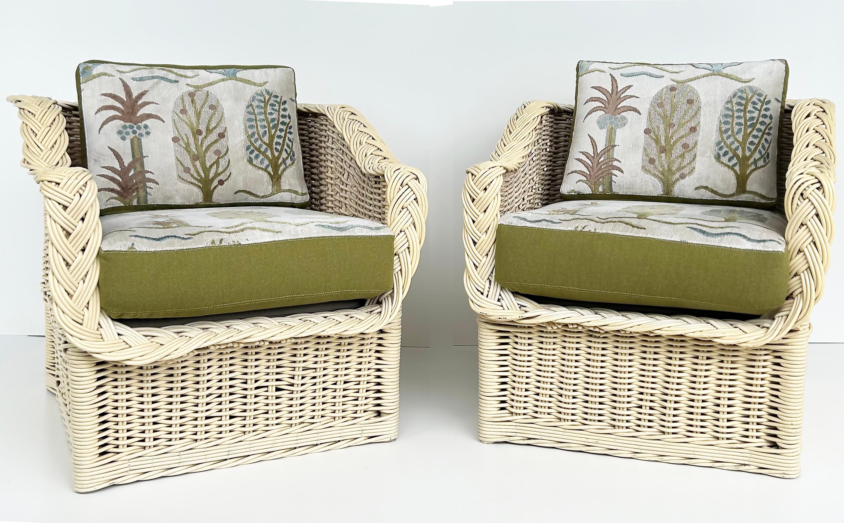 Henry Link Coastal Newly Upholstered Rattan Club Chairs, Painted Pair For Sale 5