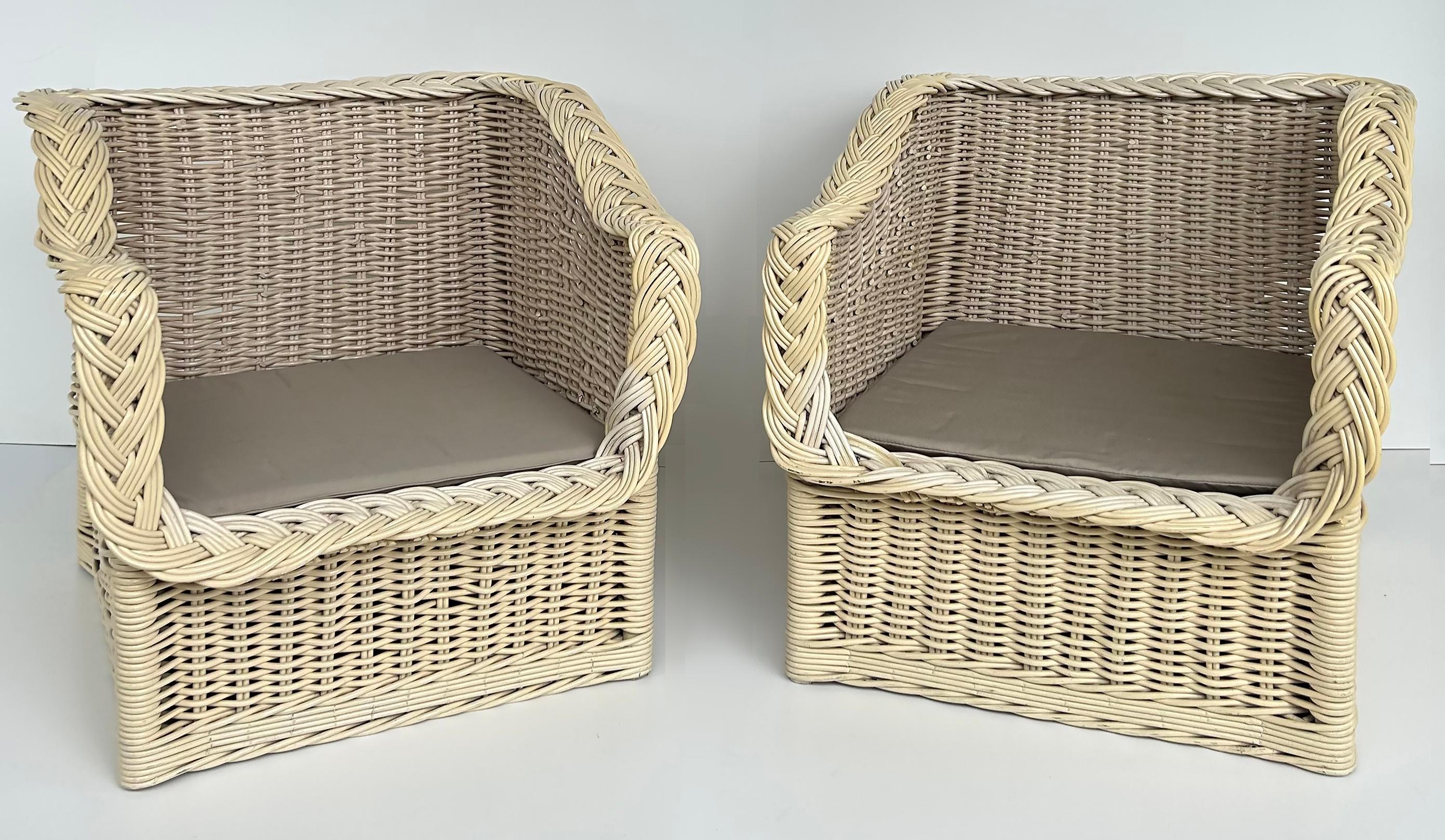 Henry Link Coastal Newly Upholstered Rattan Club Chairs, Painted Pair For Sale 11