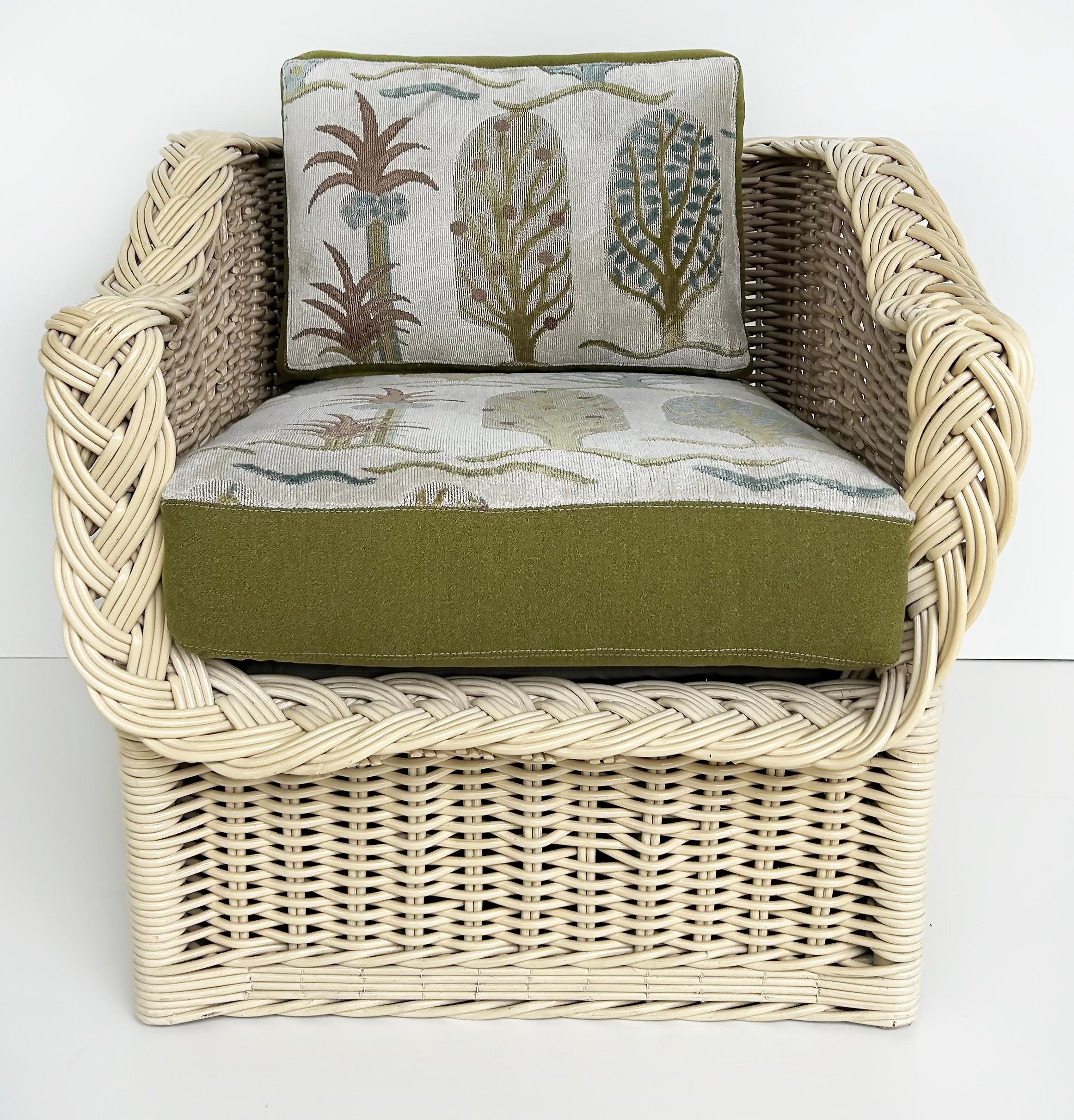Henry Link Coastal Newly Upholstered Rattan Club Chairs, Painted Pair

Offered for sale is a pair of coastal beach living Henry Link painted rattan club chairs which were just upholstered with Clarence House fabric. The chairs are well made with