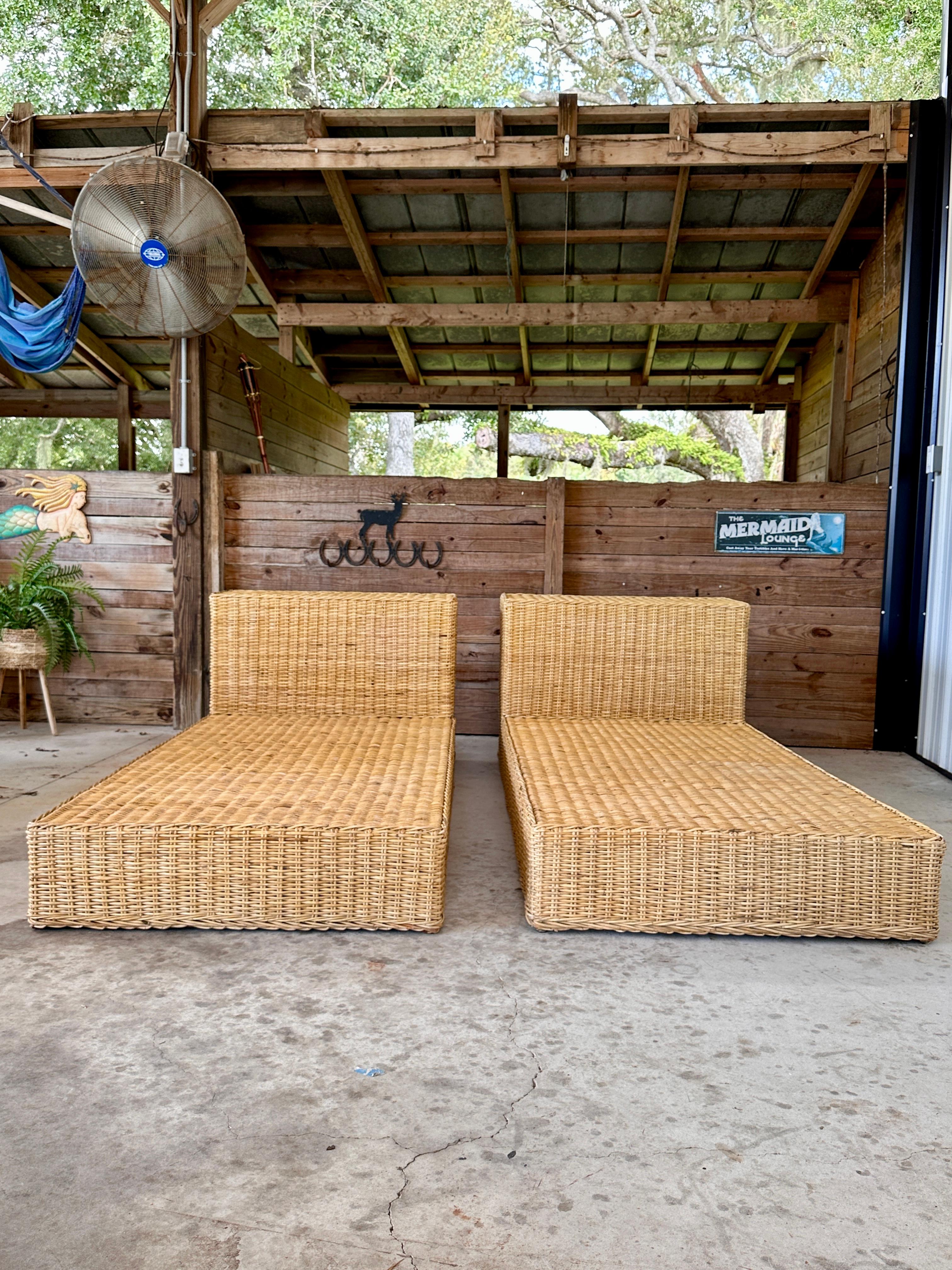 Late 20th Century Wicker Works Coastal Organic Modern Rattan Weave Twin Beds- Pair