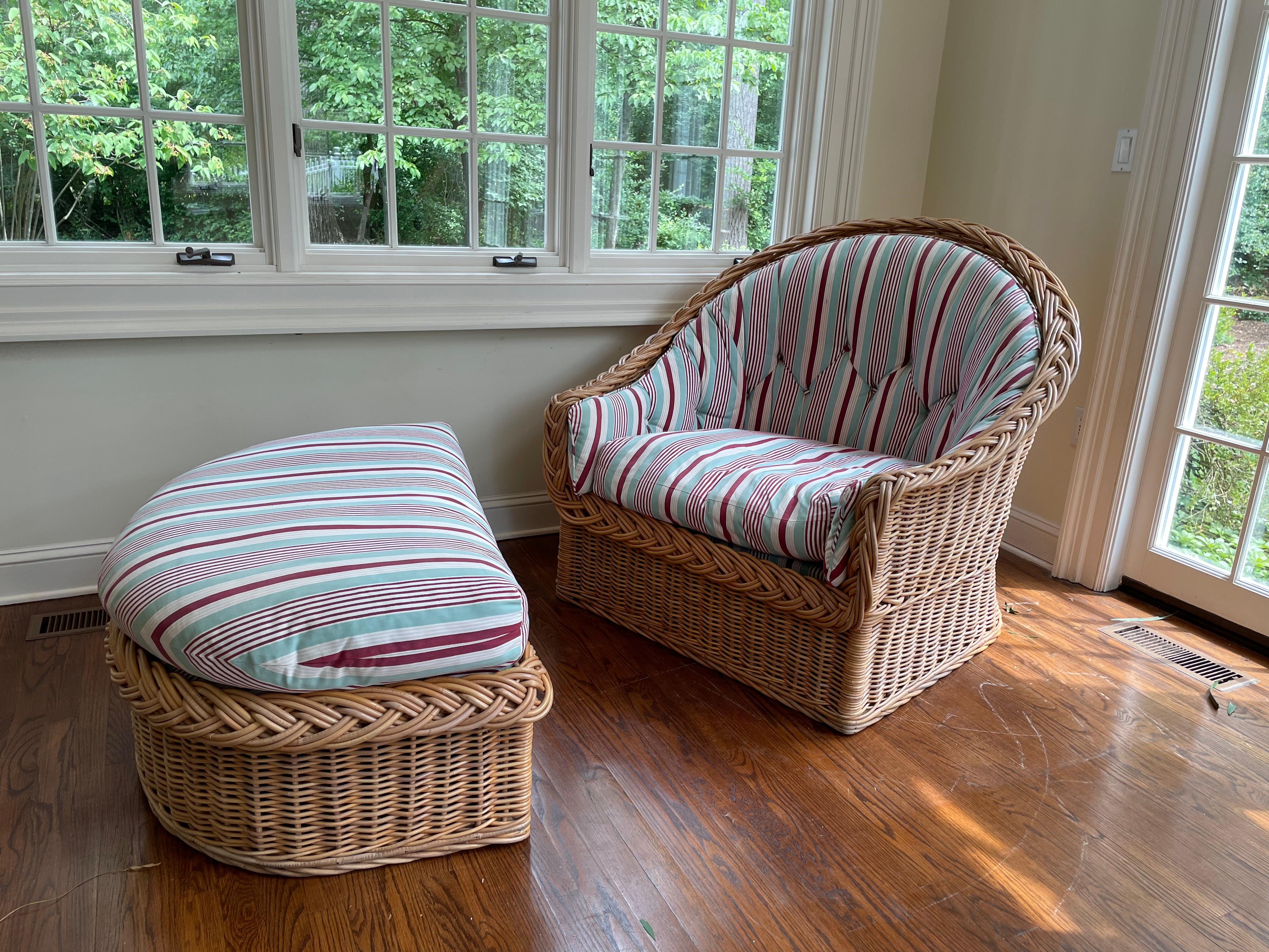 Woven and braided Italian rattan barrel back lounge chair and matching ottoman from The Wicker Works by Peter Rocchia San Francisco CA ottoman measures 38”x27”x19” high