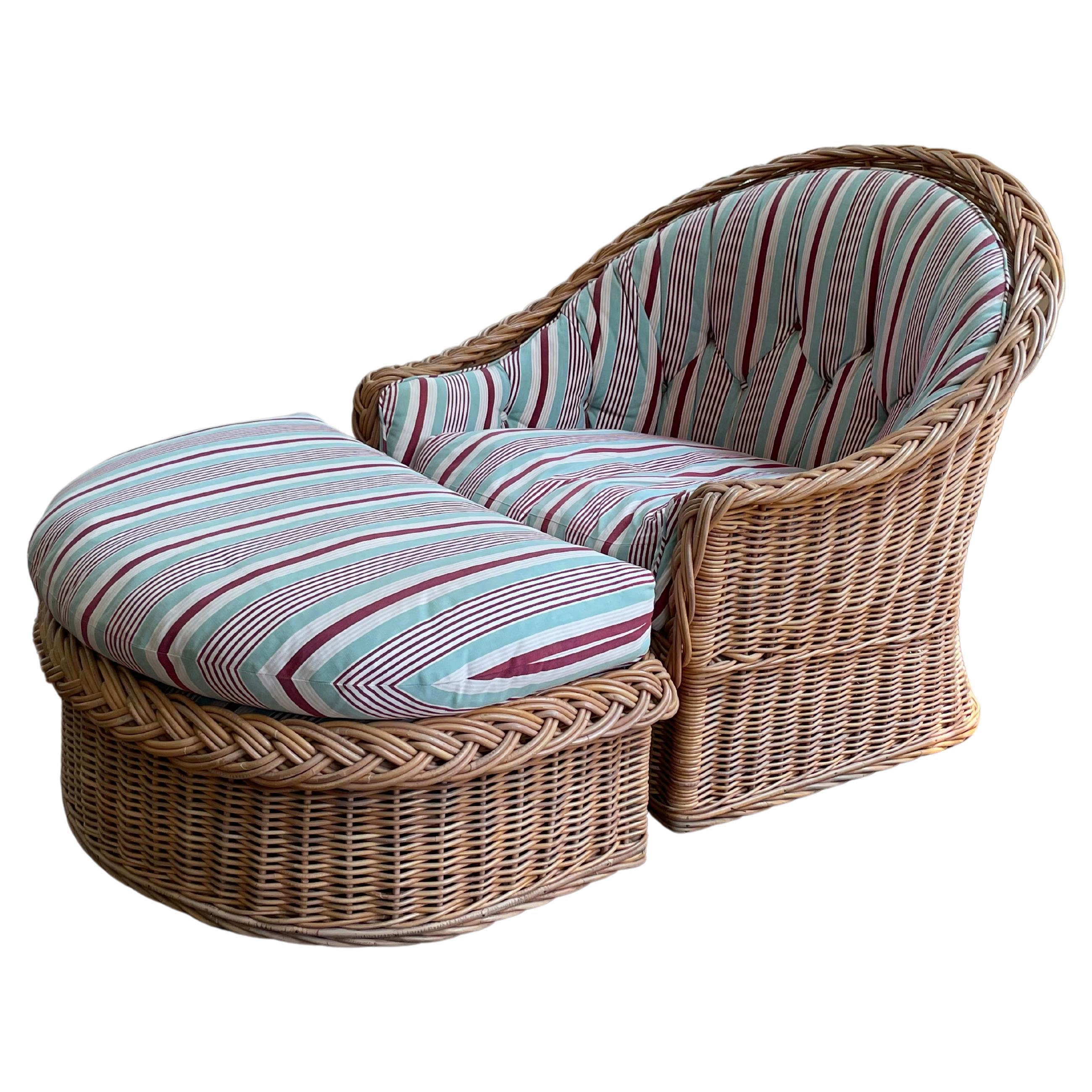 Wicker Works Italian Oversized Rattan Barrel Back Lounge Chair & Ottoman