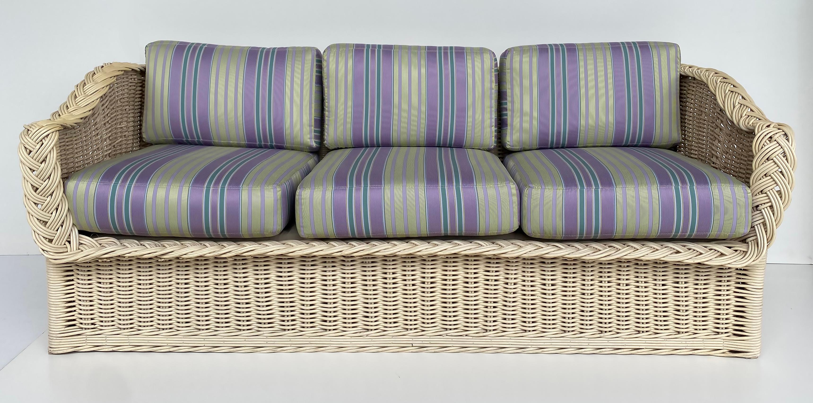 Henry Link Newly Upholstered Painted Coastal Rattan Sofa 

Offered for sale is a Henry Link coastal beach living newly upholstered 3-seater rattan sofa.  The cushions have been upholstered with Lee Jofa fabric. The rattan frame has a painted