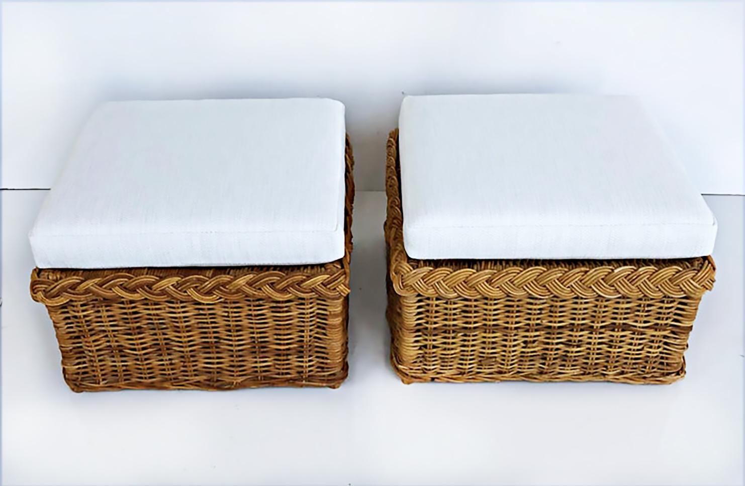 Wicker Works Rattan ottomans with Newly Upholstered Cushions, Pair

Offered for sale is a pair of Wicker Works rattan ottomans with newly upholstered seat cushions. This pair of large ottomans have the signature Wicker Works braided wicker border