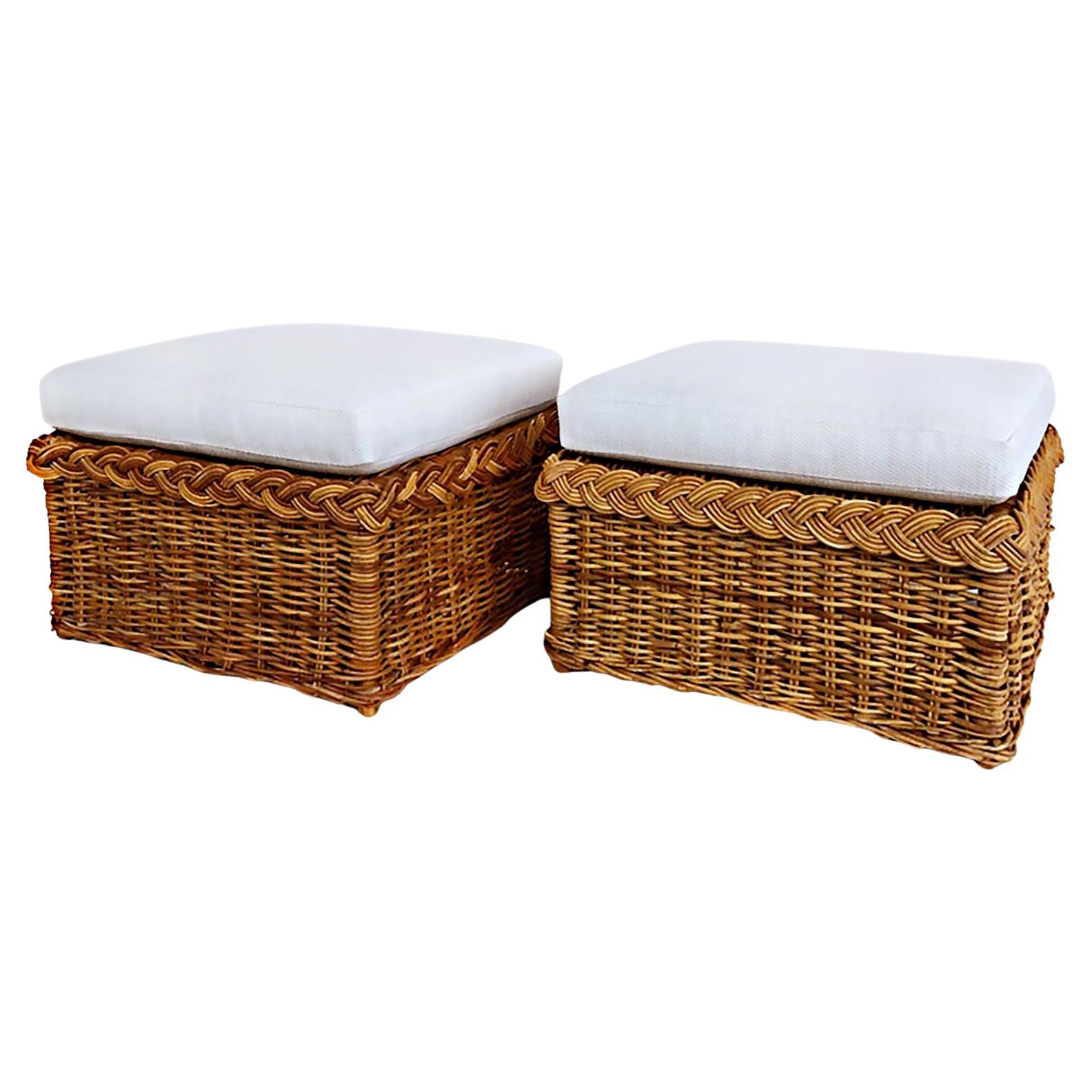 Wicker Works Rattan Ottomans with Newly Upholstered Cushions, Pair
