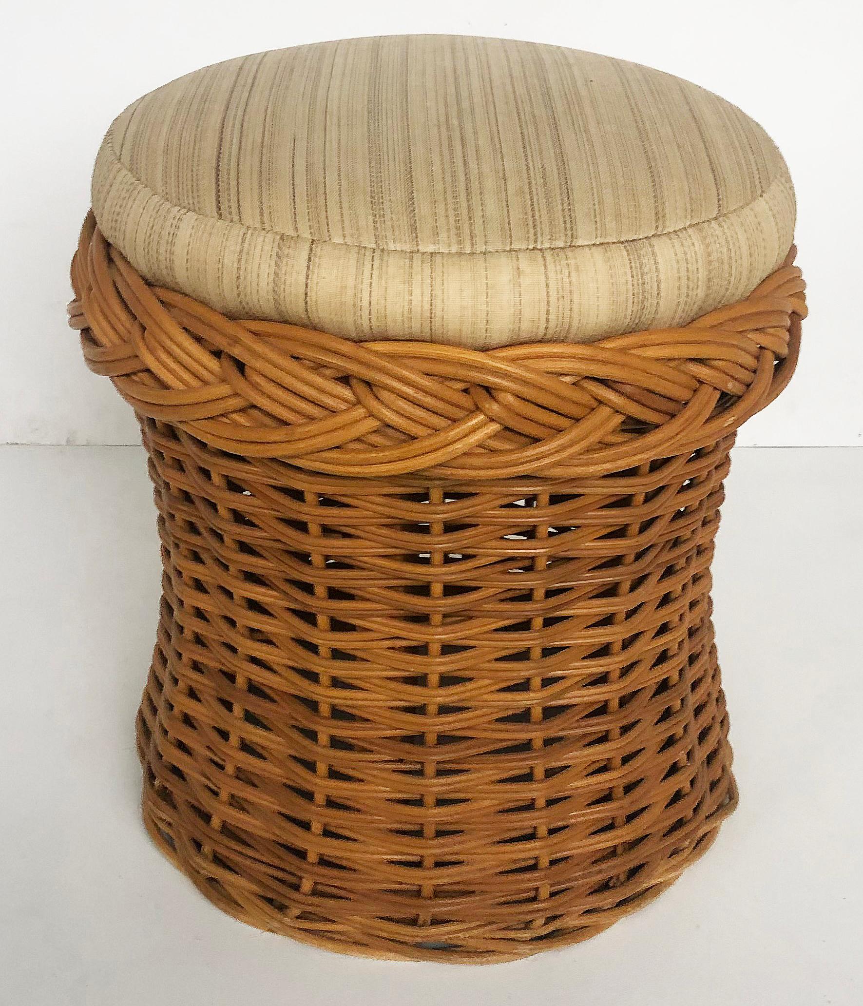 American Wicker Works Rattan Stool with Upholstered Seat Cushion