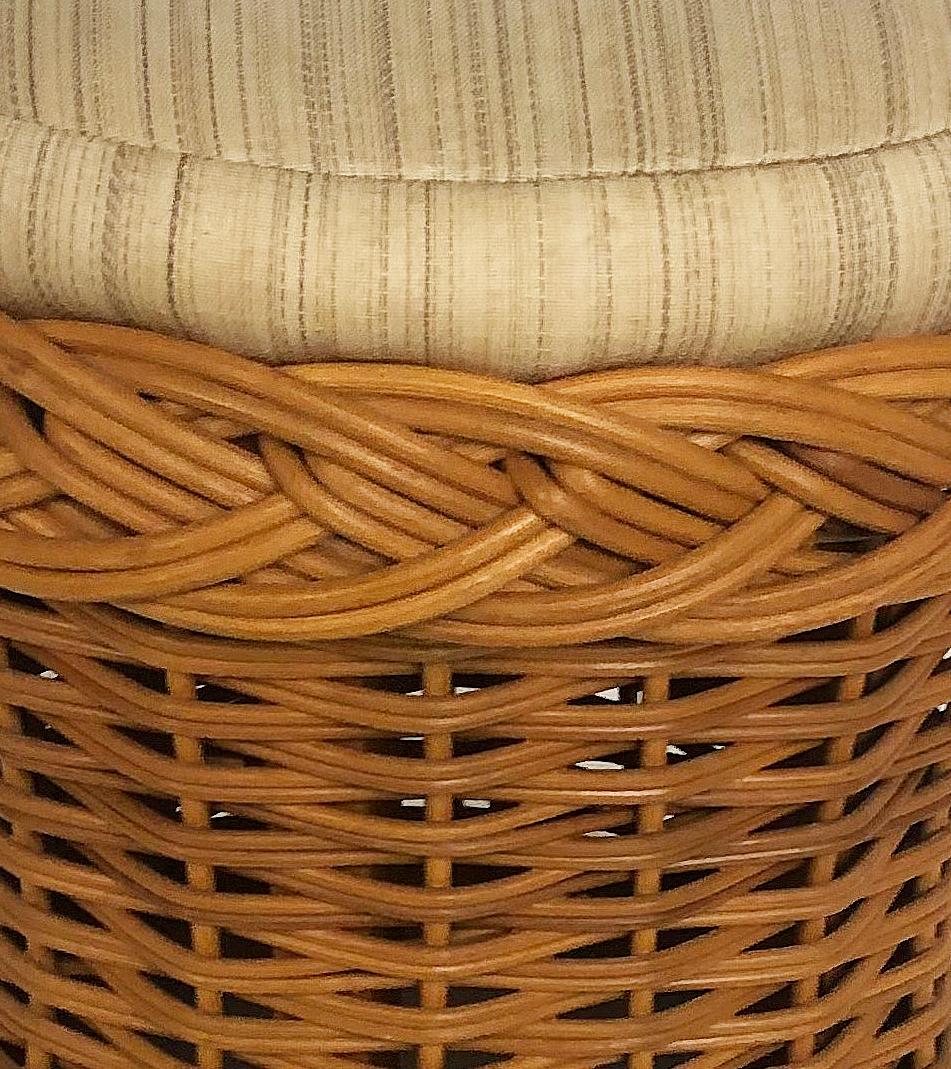 Wicker Works Rattan Stool with Upholstered Seat Cushion In Good Condition In Miami, FL